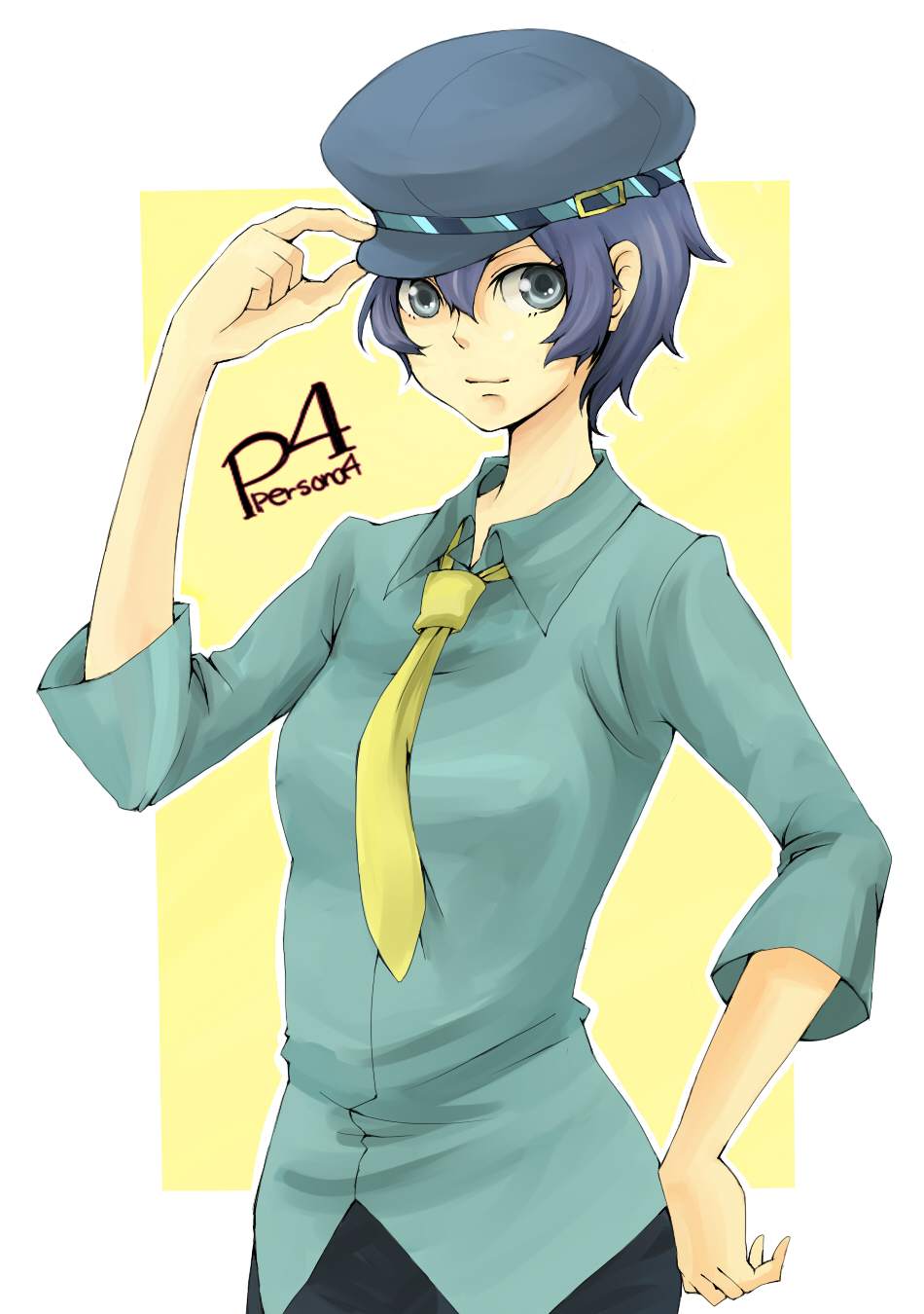 umiko, umiko (munemiu), shirogane naoto, atlus, persona, persona 4, bad id, bad pixiv id, highres, 1girl, androgynous, blue eyes, blue hair, female focus, hat, matching hair/eyes, necktie, newsboy cap, reverse trap, short hair, solo