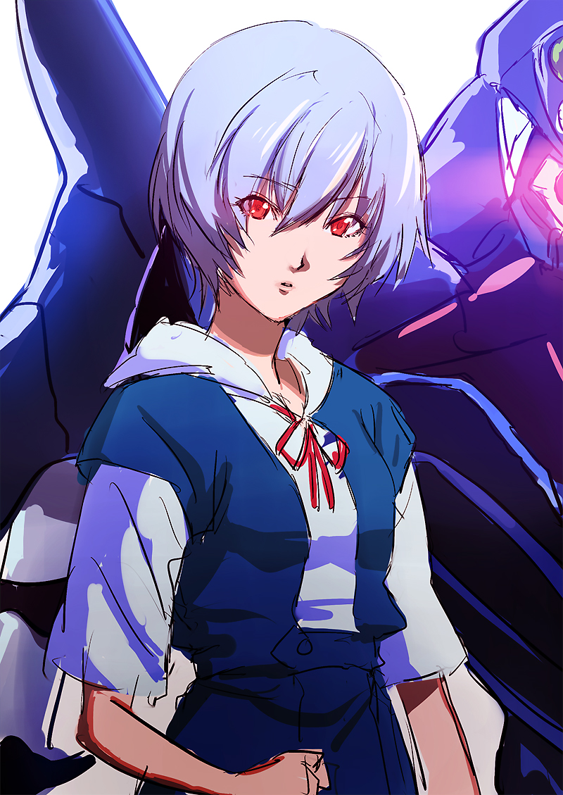 hifumi chiyoko, ayanami rei, neon genesis evangelion, bad id, bad pixiv id, glowing, glowing eyes, pale skin, red eyes, robot, school uniform, short hair, solo