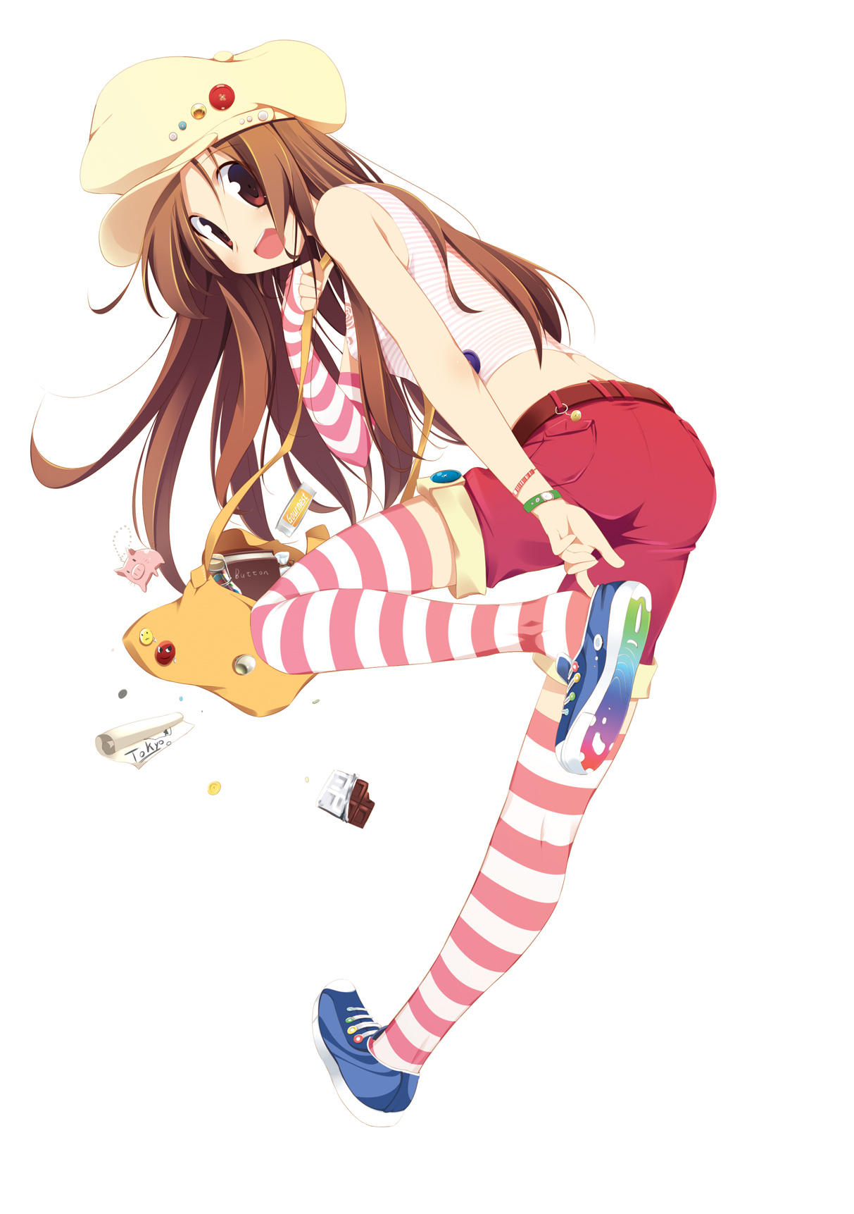 hoppege, original, highres, bag, brown hair, full body, hat, legs, long hair, putting on footwear, shoes, shorts, sneakers, solo, striped clothes, striped thighhighs, thighhighs
