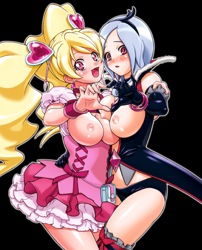 gambler club, cure peach, eas (fresh precure!), higashi setsuna, momozono love, fresh precure!, precure, black legwear, silver hair, 00s, 2girls, asymmetrical docking, bag, blonde hair, blush, boots, bow, bracelet, breast press, breasts, dress, earrings, elbow gloves, eyelashes, four-finger heart hands, gloves, hair ornament, hairband, handbag, heart, heart hair ornament, heart hands, heart hands duo, high heels, hug, jewelry, knee boots, large breasts, long hair, magical girl, multiple girls, nipples, pink bow, pink eyes, red eyes, shoes, short hair, symmetrical docking, thighhighs, twintails, yuri