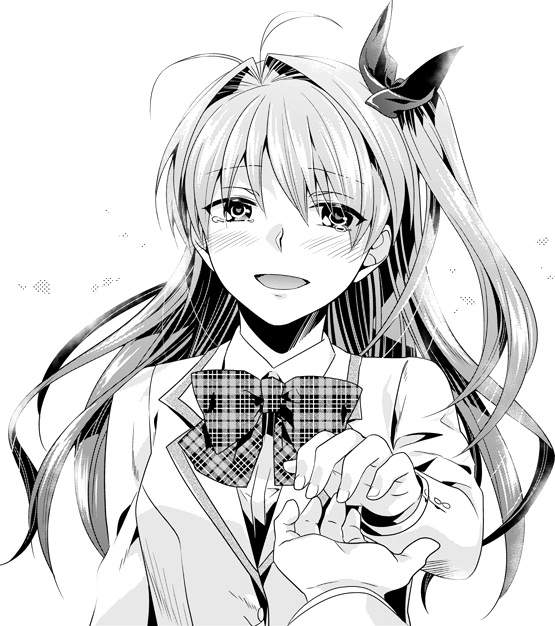 ikuhashi muiko, nishijou takumi, sakihata rimi, chaos;head, science adventure, commentary request, 1boy, 1girl, :d, ahoge, blush, bow, bowtie, collared shirt, greyscale, happy tears, long hair, long sleeves, looking at viewer, monochrome, open mouth, plaid bow, plaid bowtie, plaid clothes, pov, pov hands, school uniform, shirt, simple background, smile, suimei academy school uniform, tears, tongue, upper body, white background