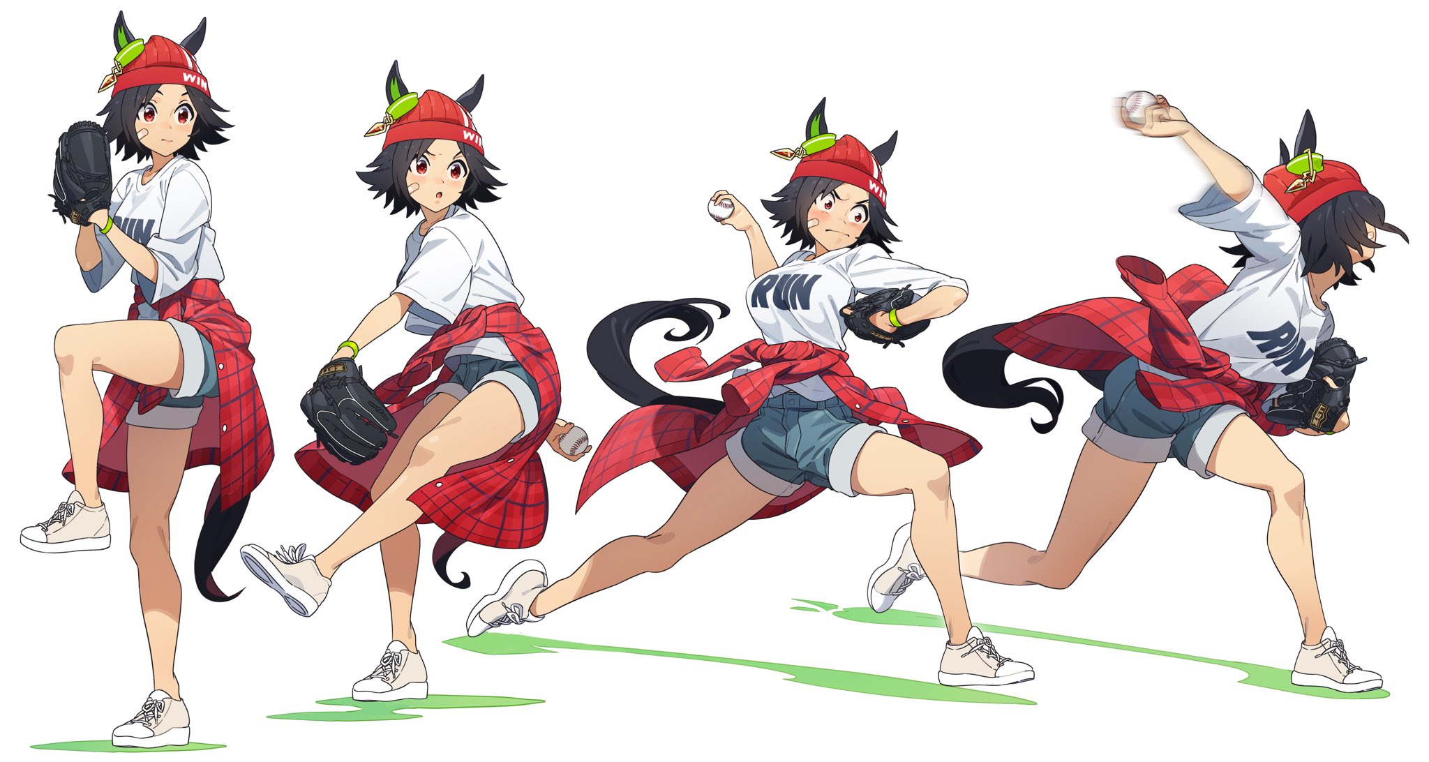 nishiki kazue, winning ticket (casual) (umamusume), winning ticket (umamusume), umamusume, commentary request, highres, animal ears, ball, bandaid, bandaid on cheek, bandaid on face, baseball, baseball (object), baseball glove, beanie, black hair, blush, bracelet, breasts, closed mouth, clothes around waist, denim, denim shorts, ears through headwear, full body, hat, horse ears, horse girl, horse tail, jacket, jacket around waist, jewelry, medium breasts, open mouth, pitching, red eyes, red hat, red jacket, shirt, shirt around waist, shoes, short hair, short sleeves, shorts, smile, sneakers, standing, standing on one leg, tail, throwing, white shirt