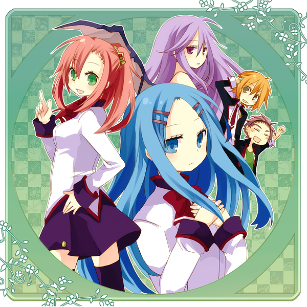 aruya (flosrota), almia, bad id, bad pixiv id, 2boys, 3girls, blue eyes, blue hair, everyone, from behind, green eyes, long hair, looking back, multiple boys, multiple girls, purple eyes, purple hair, red hair, short hair, sidelocks, thighhighs, wings, zettai ryouiki