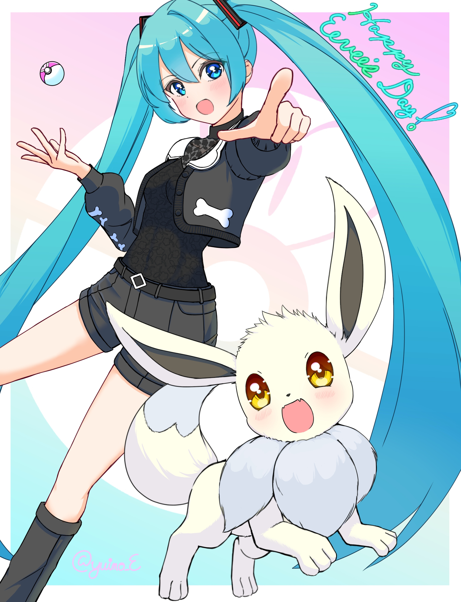 yuin0, eevee, hatsune miku, nintendo, pokemon, project voltage, vocaloid, commentary request, highres, 1girl, 1other, alternate color, aqua eyes, aqua hair, black jacket, black shirt, black shorts, blush, crossover, feet out of frame, gen 1 pokemon, hair between eyes, hair ornament, jacket, long hair, looking at viewer, love ball, open mouth, poke ball, shiny pokemon, shirt, short shorts, shorts, smile, twintails, very long hair, yellow eyes