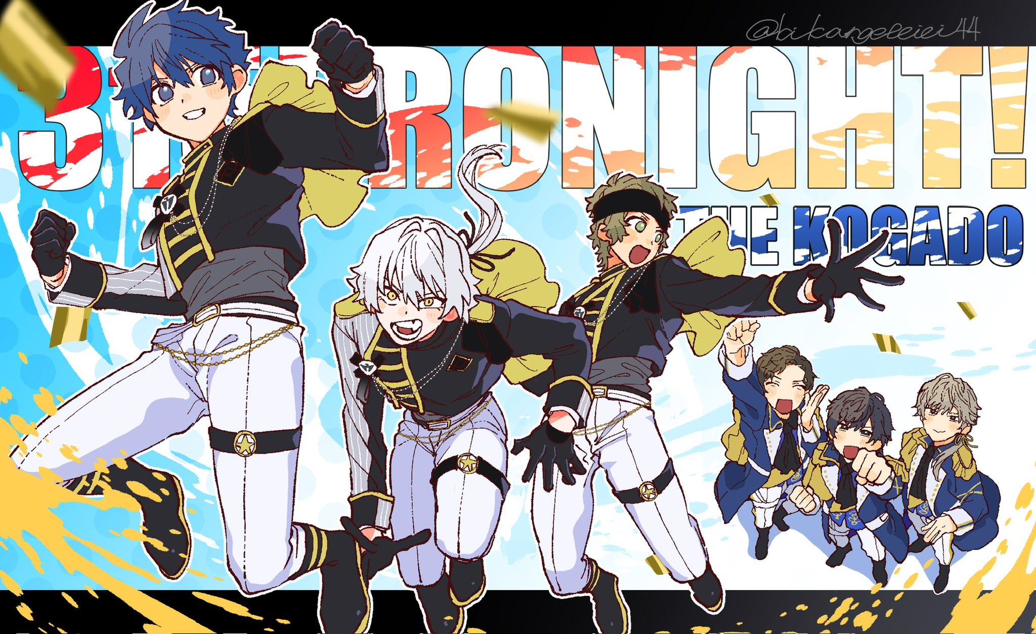 kikanngenntei, enjoji michiru, kizaki ren, taiga takeru, idolmaster, idolmaster side-m, real life, commentary request, highres, 6+boys, asymmetrical clothes, black gloves, blue hair, boots, brown hair, clenched hands, fang, gloves, hamano daiki, idol, jewelry, komatsu shouhei, male focus, multiple boys, open mouth, outstretched arm, pants, terashima junta, the kogado (idolmaster), thighlet, white hair, white pants, yellow eyes