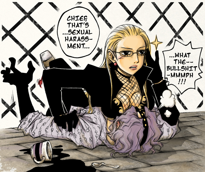 kalifa (one piece), spandam, one piece, 1boy, 1girl, blonde hair, breasts, cleavage, coffee, coffee mug, cup, enies lobby, glasses, hetero, indoors, molestation, mug, purple hair