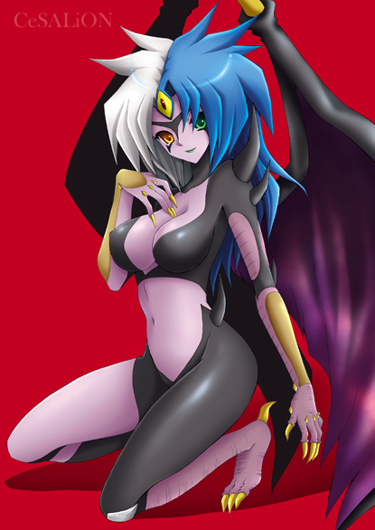 cesar, yubel, yu-gi-oh!, yuu-gi-ou, yuu-gi-ou gx, 1girl, breasts, duel monster, full body, heterochromia, kneeling, monster girl, simple background, solo