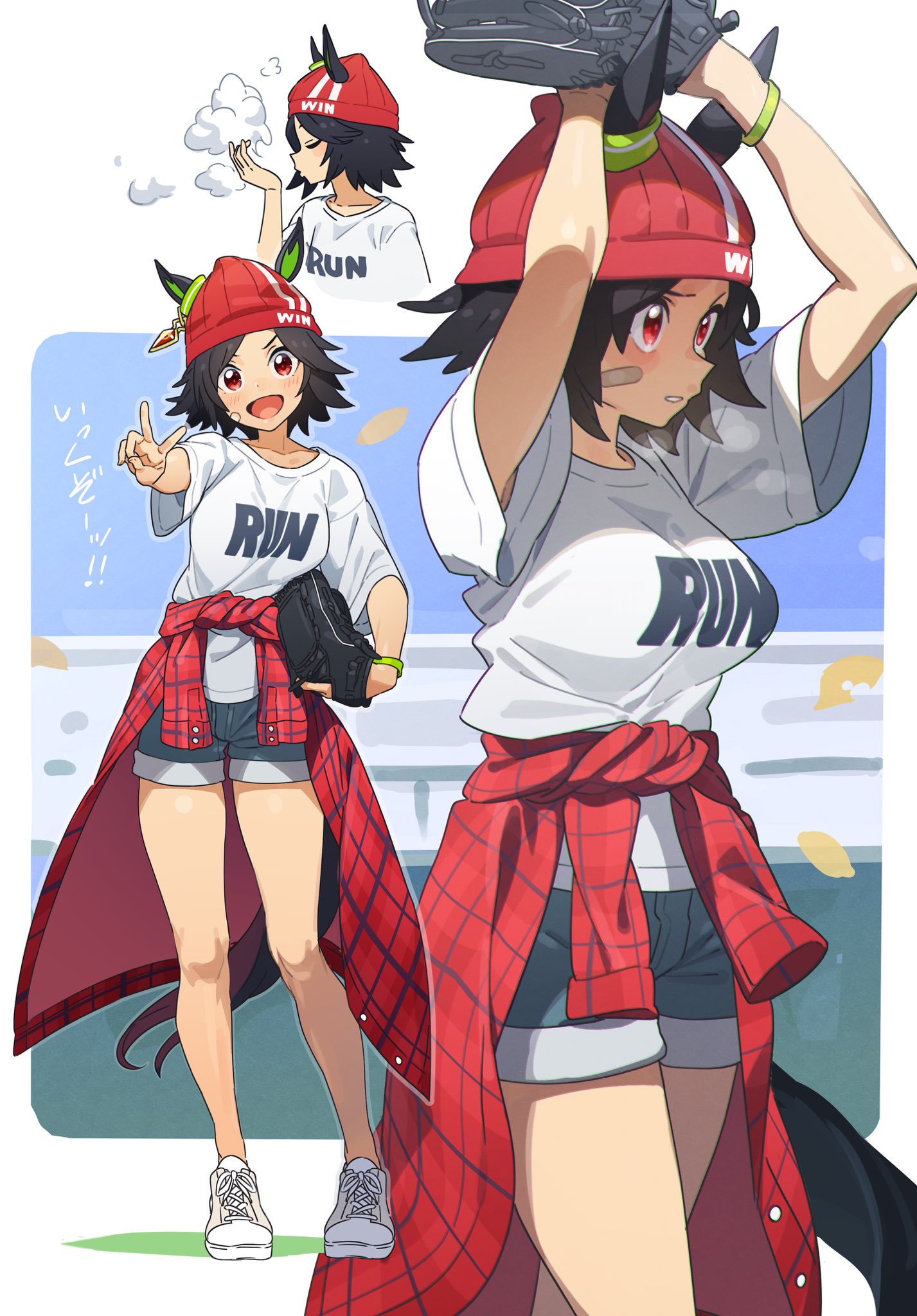 nishiki kazue, winning ticket (casual) (umamusume), winning ticket (umamusume), umamusume, commentary request, highres, animal ears, bandaid, bandaid on cheek, bandaid on face, baseball, baseball glove, beanie, black hair, blush, bracelet, breasts, closed eyes, clothes around waist, ears through headwear, full body, hat, holding, horse ears, horse girl, horse tail, jacket, jewelry, looking at viewer, medium breasts, open mouth, parted lips, pitching, red eyes, red hat, red jacket, shirt, shirt around waist, shoes, short hair, short sleeves, shorts, smile, sneakers, tail, v, white shirt