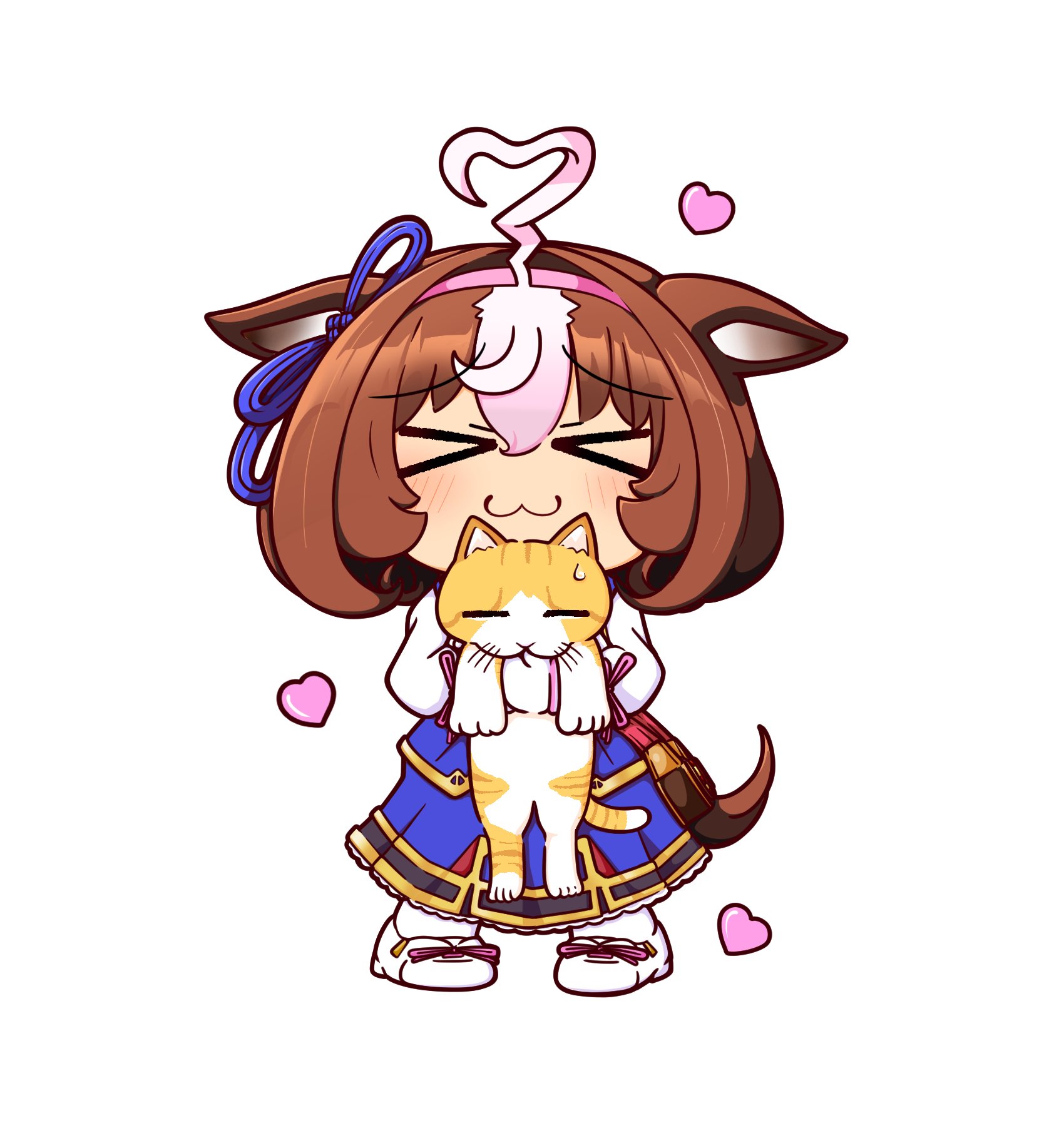 kyuusennbougin, meisho doto (turbulent blue) (umamusume), meisho doto (umamusume), meto (cat), umamusume, commentary request, highres, > <, 1girl, ahoge, animal, animal ears, bag, blue dress, blush, bow, brown hair, cat, closed eyes, closed mouth, double-parted bangs, dress, ear ribbon, gloves, hair between eyes, hairband, headband, heart, holding, holding animal, holding cat, horse ears, horse girl, horse tail, long sleeves, medium hair, multicolored hair, pantyhose, pink hairband, pink headband, short hair, shoulder bag, simple background, smile, sweatdrop, tail, two-tone hair, white background, white dress, white gloves, white hair, white pantyhose