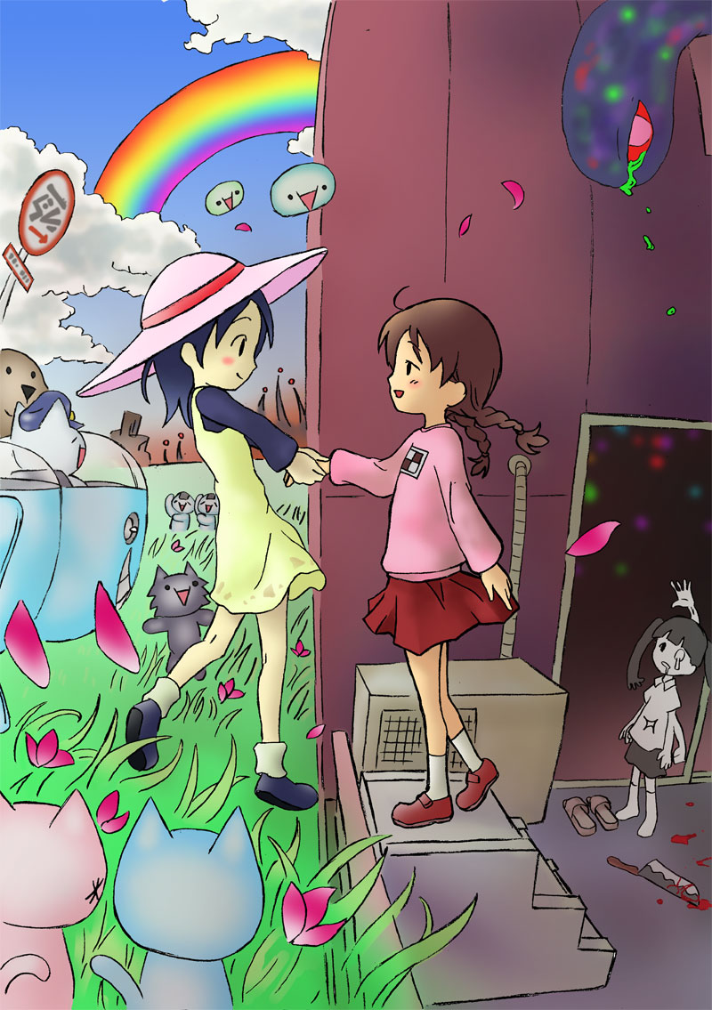 gagame, utsugame, andou natsumi, giko, jisakujien, kasei-san, madotsuki, mona (2ch), monoko, shii, 2channel, natsumi step!, yume nikki, spoilers, 2girls, blood, bloody weapon, braid, cat, chibi, cloud, crossover, day, dress, hat, knife, multiple girls, pink shirt, rainbow, shirt, skirt, suicide, sweater, twin braids, weapon