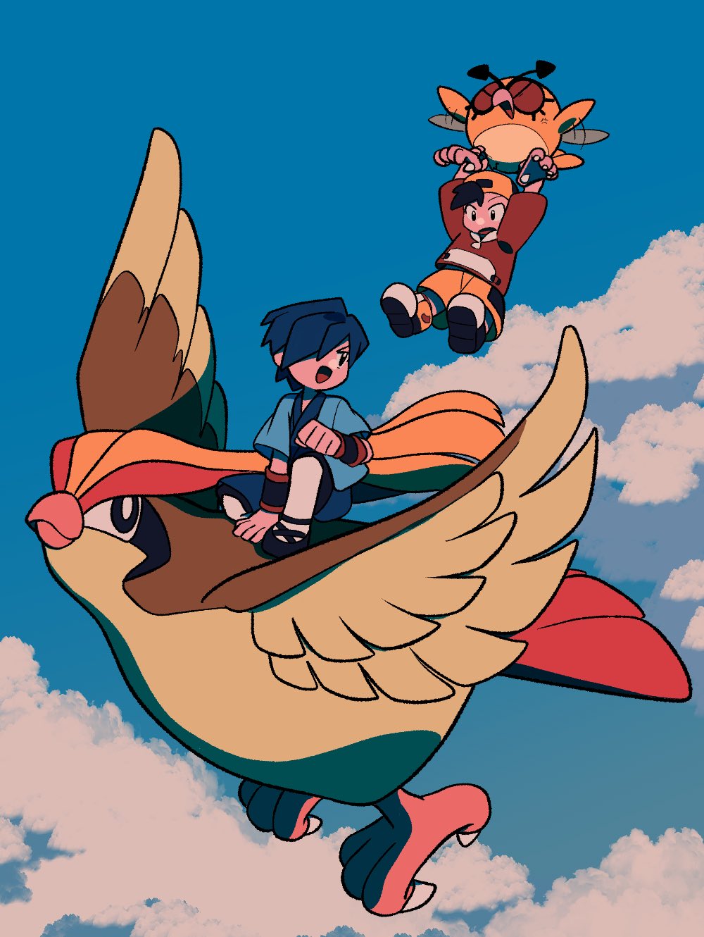 tyako 089, ethan (pokemon), falkner (pokemon), hoothoot, pidgeot, nintendo, pokemon, pokemon gsc, commentary, highres, symbol-only commentary, 2boys, backwards hat, baseball cap, beak, bird, black hair, blue hair, blue jacket, blue kimono, closed eyes, closed mouth, flying, gen 1 pokemon, gen 2 pokemon, hair over one eye, hat, holding, jacket, japanese clothes, kimono, long sleeves, multiple boys, open clothes, open jacket, open mouth, owl, pokemon (creature), red jacket, riding, riding pokemon, shoes, short hair, short sleeves, shorts, sky, smile, struggling, talons, wings, wristband, yellow shorts