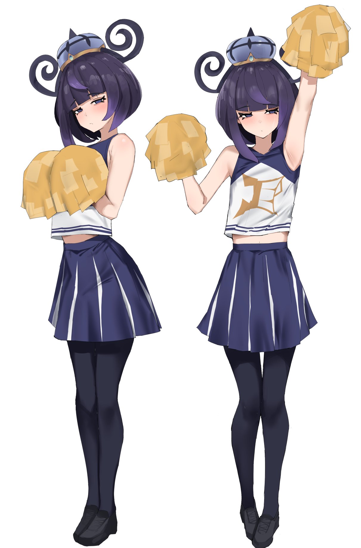 258n, gwynn (pokemon), nintendo, pokemon, pokemon legends: z-a, highres, 1girl, alternate costume, arms up, bare shoulders, black hair, black pantyhose, blue skirt, blunt bangs, blush, bob cut, breasts, cheerleader, closed mouth, full body, gradient hair, hat, holding, holding pom poms, looking at viewer, midriff peek, multicolored hair, pantyhose, pom pom (cheerleading), pom poms, purple eyes, purple hair, shirt, short hair, simple background, skirt, sleeveless, sleeveless shirt, white background