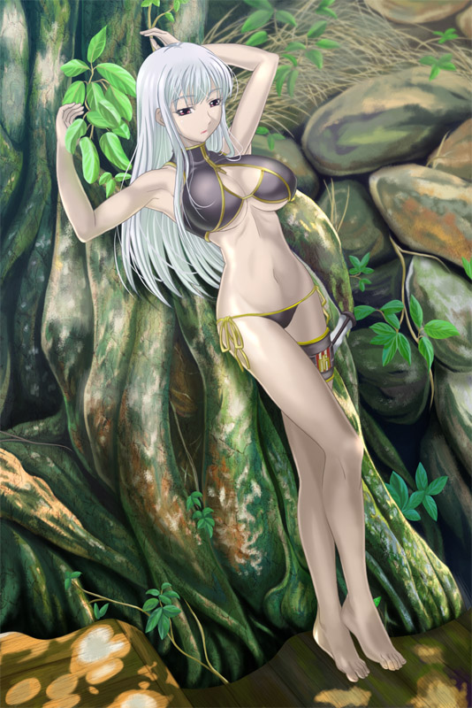 tonbidou, selvaria bles, senjou no valkyria (series), senjou no valkyria 1, silver hair, 00s, 1girl, armpits, barefoot, bikini, breasts, center opening, choker, cleavage, cleavage cutout, clothing cutout, feet, female focus, halterneck, large breasts, leaf, legs, nature, outdoors, plant, red eyes, rock, side-tie bikini bottom, solo, standing, swimsuit, thigh strap, tree, turtleneck, vines