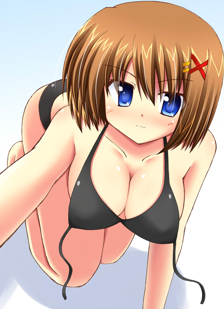 lask, yagami hayate, lyrical nanoha, mahou shoujo lyrical nanoha, mahou shoujo lyrical nanoha strikers, 00s, 1girl, bikini, black bikini, blue eyes, breasts, brown hair, cleavage, female focus, hair ornament, large breasts, short hair, solo, swimsuit, x hair ornament