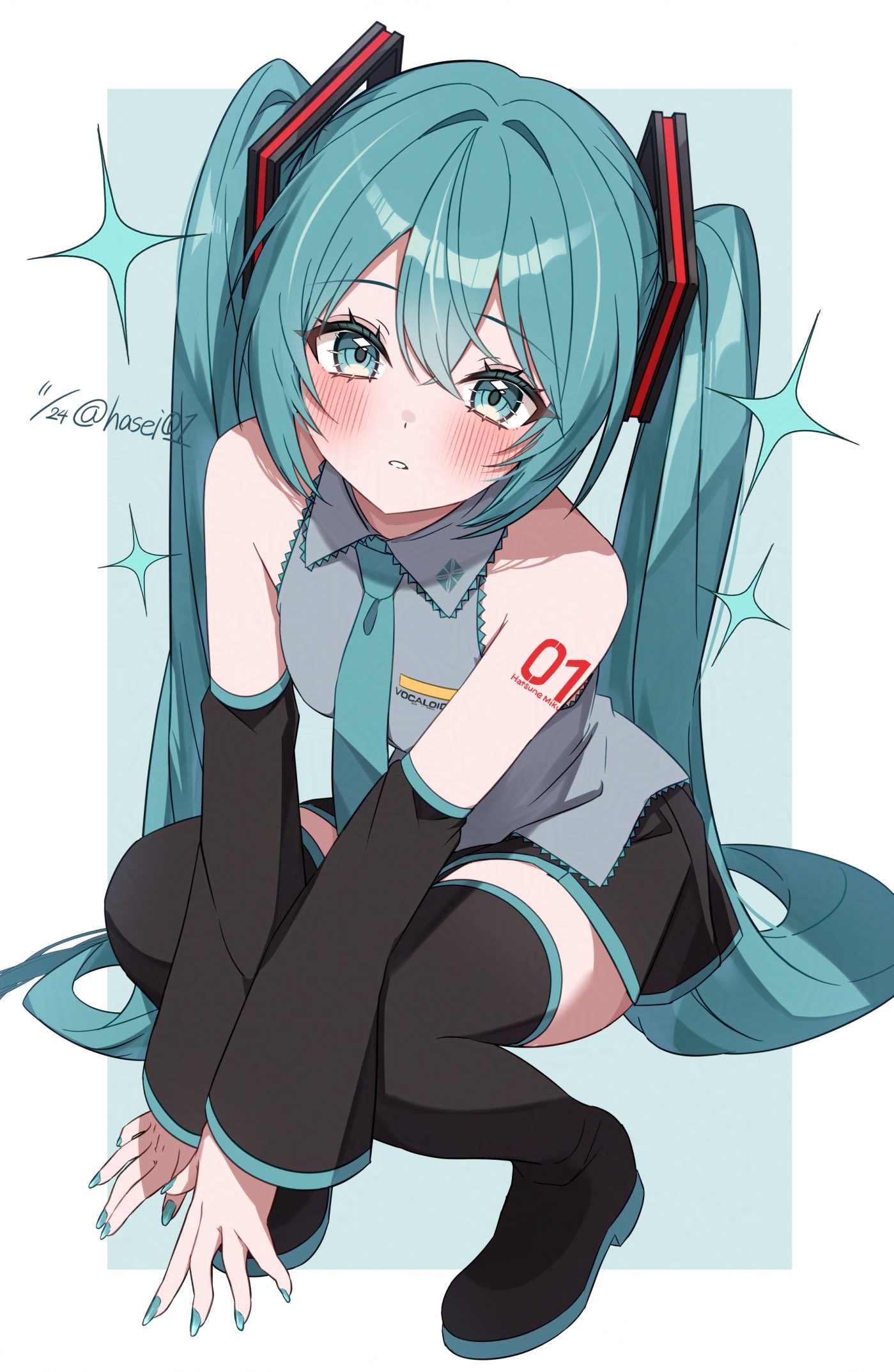 hasei (hasei01), hatsune miku, vocaloid, commentary request, highres, 1girl, aqua eyes, aqua hair, aqua nails, aqua necktie, arm tattoo, bare shoulders, black skirt, black sleeves, blush, boots, breasts, closed mouth, collared shirt, detached sleeves, grey shirt, hair between eyes, hair ornament, long hair, long sleeves, looking at viewer, medium breasts, miniskirt, nail polish, necktie, number tattoo, pleated skirt, shirt, sidelocks, skirt, sleeveless, sleeveless shirt, solo, squatting, tattoo, thigh boots, thighhighs, twintails, very long hair, white background, zettai ryouiki