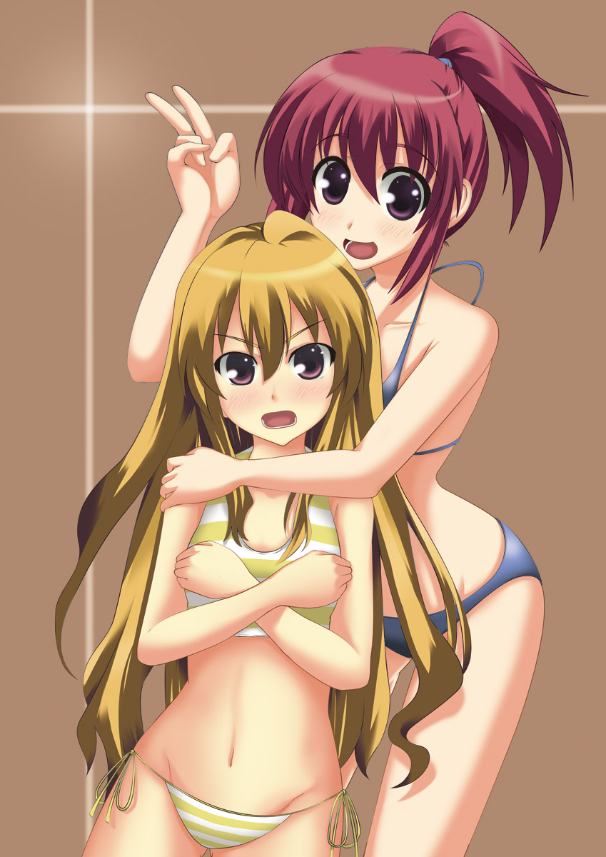karakasamatsu toogo, aisaka taiga, kushieda minori, toradora!, breast hold, bad id, bad pixiv id, highres, 00s, 2girls, alternate hairstyle, bikini, breasts, brown eyes, brown hair, flat chest, long hair, multiple girls, red hair, short hair, sports bikini, striped bikini, striped clothes, swimsuit, v