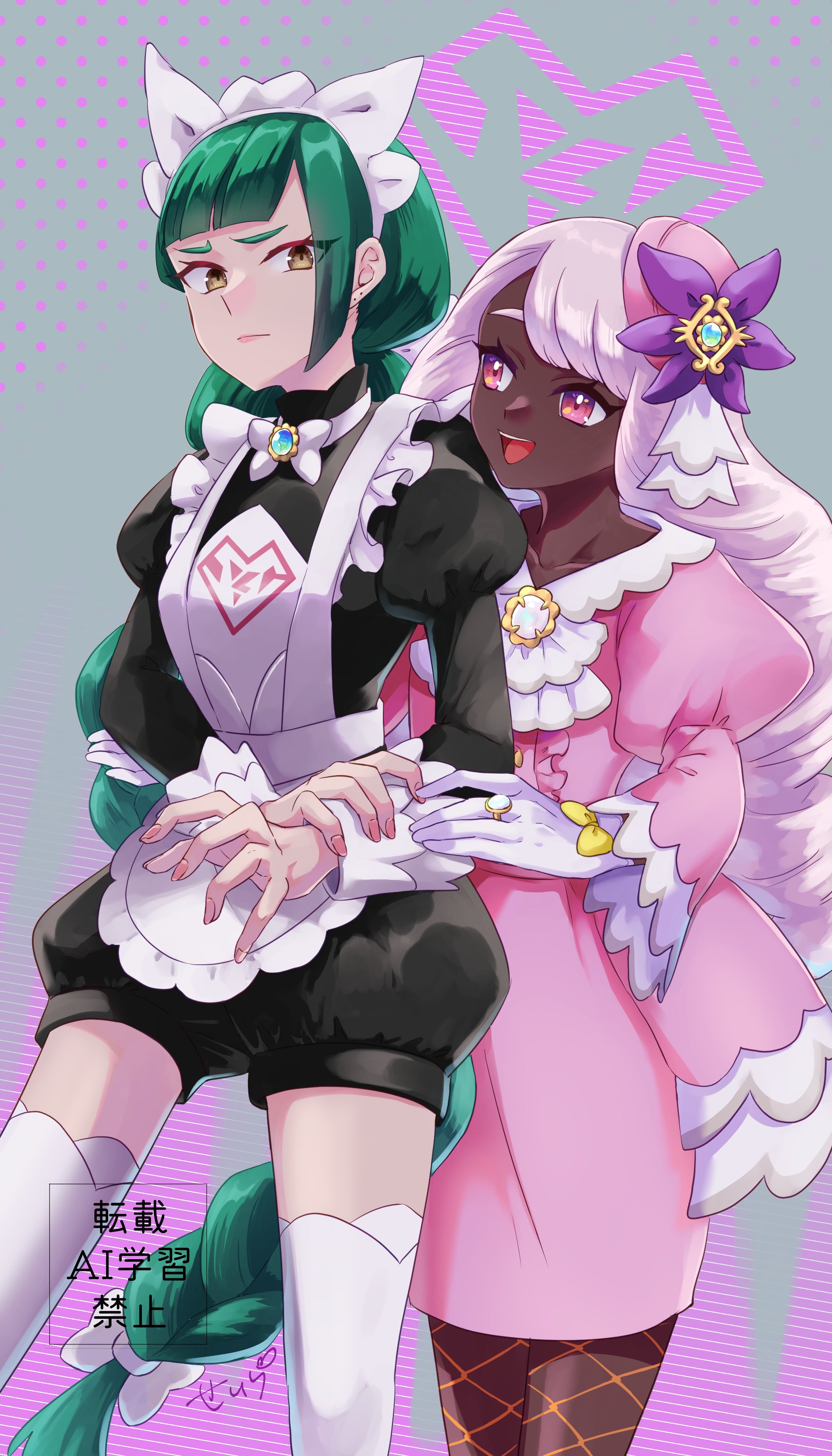 seiranopocket, jacinthe (pokemon), lebanne (pokemon), nintendo, pokemon, pokemon legends: z-a, master and servant, absurdres, commentary request, highres, 2girls, apron, ascot, black romper, blunt bangs, blush, bow, bowtie, braid, braided ponytail, brown eyes, closed mouth, dark-skinned female, dark skin, dress, fascinator, fishnet pantyhose, fishnets, frilled ascot, frills, glove bow, gloves, gold ring, green hair, hair ornament, juliet sleeves, long braid, long hair, long sleeves, low drills, maid, maid apron, maid headdress, mega stone, multiple girls, open mouth, pantyhose, puffy sleeves, purple dress, purple eyes, purple hair, romper, smile, teeth, thighhighs, tsurime, very dark skin, white bow, white bowtie, white gloves, white thighhighs