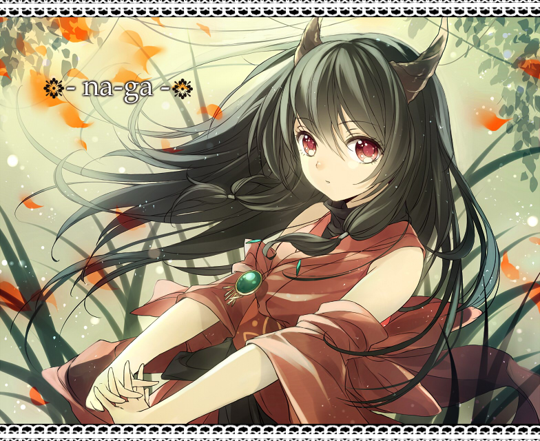 ryou (kimagure), naga (staygarden), ryuujin naga, bad id, bad pixiv id, 1girl, black hair, border, female focus, horns, jewelry, long hair, looking at viewer, necklace, outstretched arms, own hands clasped, own hands together, red eyes, solo