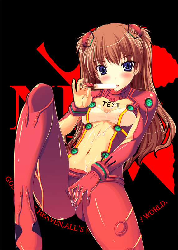yuki usagi, souryuu asuka langley, neon genesis evangelion, rebuild of evangelion, messy, bad id, bad pixiv id, 00s, 1girl, between legs, black background, blue eyes, blush, bodysuit, bra, bracer, breasts, brown hair, cleavage, clothes writing, covered navel, eating, english text, female focus, food, gloves, hair ornament, hairpods, hand between legs, holding, interface headset (evangelion), knee up, leaning back, licking, long hair, looking at viewer, mecha pilot suit, nerv, plugsuit (evangelion), popsicle, see-through cleavage, see-through clothes, sexually suggestive, shiny clothes, sitting, small breasts, solo, spread legs, suggestive fluid, taut clothes, test plugsuit (evangelion), tongue, tongue out, turtleneck, two side up, underwear