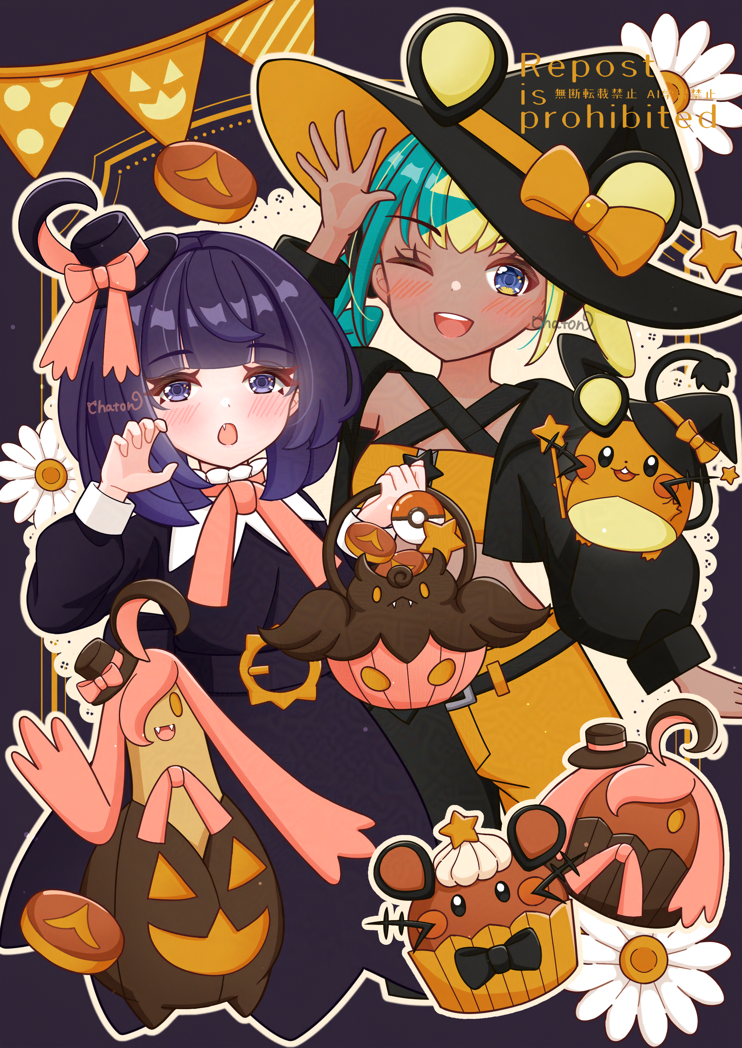 chaton (chatoncerisier), canari (pokemon), dedenne, gourgeist, gwynn (pokemon), nintendo, pokemon, pokemon legends: z-a, absurdres, commentary request, highres, 2girls, :o, ;d, alternate costume, belt, black belt, black hair, blue eyes, blush, bow, dress, gen 6 pokemon, halloween bucket, hand up, hat, holding, long hair, long sleeves, multicolored hair, multiple girls, one eye closed, open mouth, orange bow, pokemon (creature), signature, smile, teeth, upper teeth only, watermark, witch hat