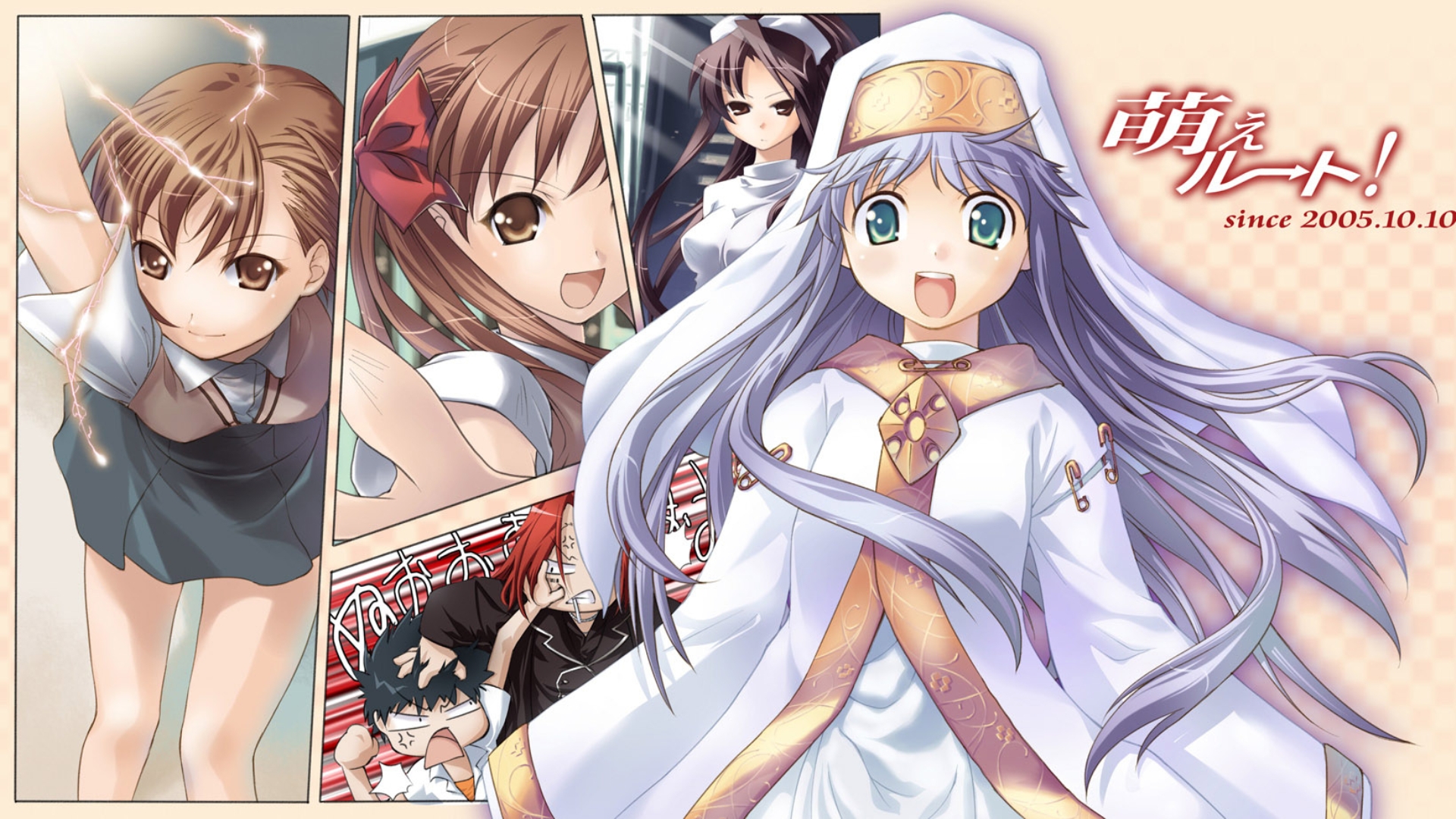 binzoko megane (san-inch), yumeno mikan, index (toaru majutsu no index), kamijou touma, misaka mikoto, shirai kuroko, stiyl magnus, toaru kagaku no railgun, toaru majutsu no index, highres, resized, 00s, 2boys, 4girls, electricity, electrokinesis, multiple boys, multiple girls