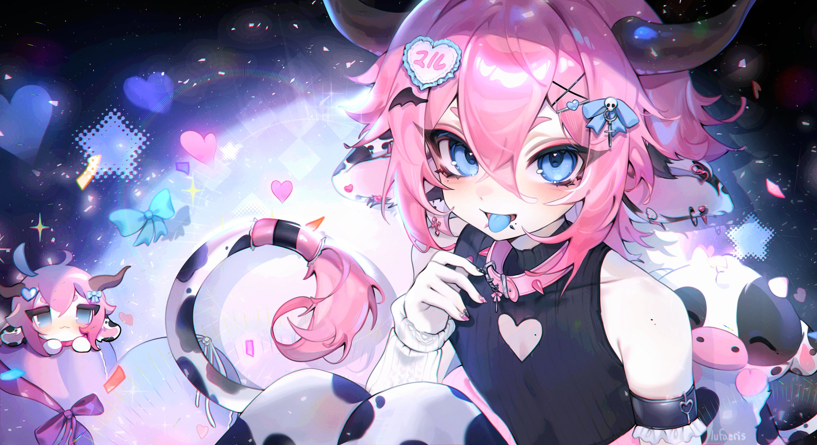 cloud (lufaeris), indie virtual youtuber, commission, highres, 1boy, animal ears, bare shoulders, black shirt, blue eyes, blue tongue, clothing cutout, collar, colored tongue, cow boy, cow ears, cow horns, cow tail, double-parted bangs, hair between eyes, hair ornament, hand up, heart, heart cutout, heart hair ornament, horns, looking at viewer, male focus, mole, mole under mouth, moomoomaru (vtuber), open mouth, pink collar, pink hair, shirt, short hair, sleeveless, sleeveless shirt, smile, solo, tail, tongue, tongue out, trap, virtual youtuber, white arm warmers
