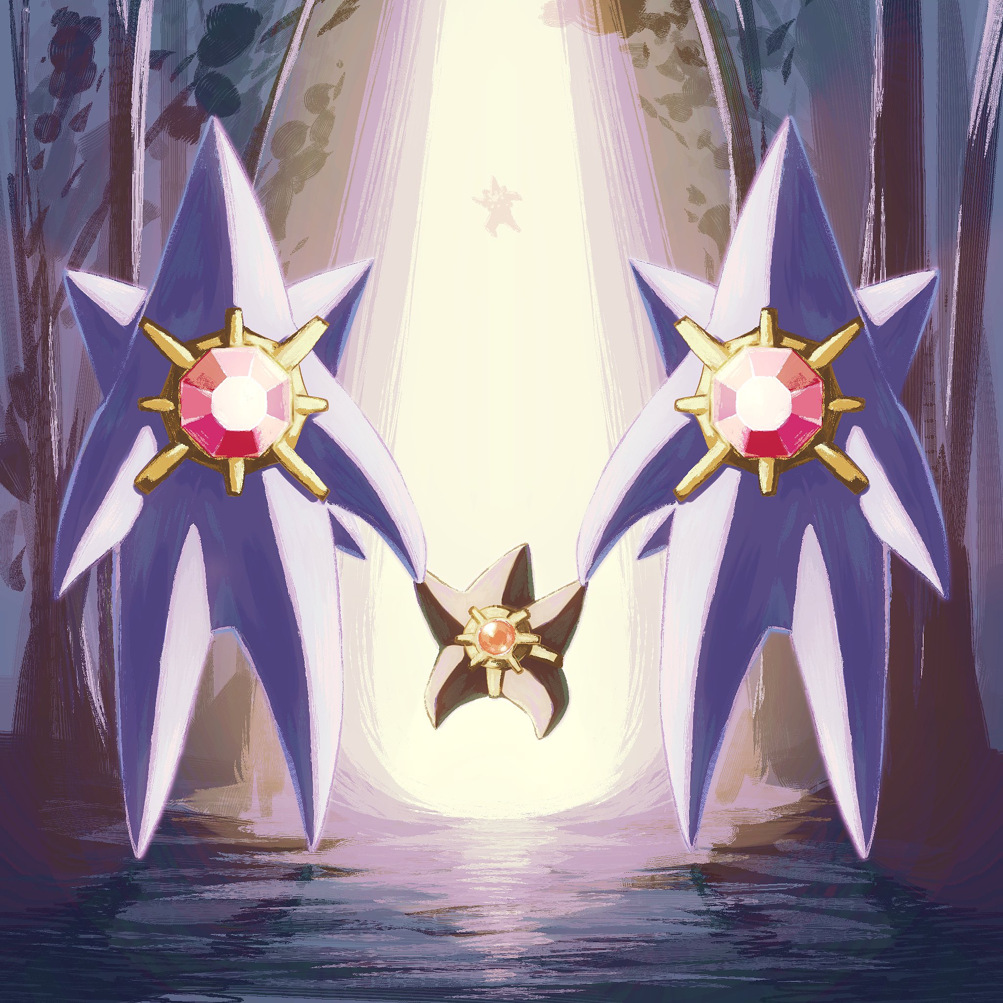 tori (torisan pokemon), mega starmie, starmie, staryu, nintendo, pokemon, pokemon legends: z-a, commentary request, highres, colored skin, evolutionary line, full body, gem, gen 1 pokemon, holding hands, long legs, mega pokemon, no eyes, no humans, pokemon (creature), pokemon focus, purple skin, red gemstone, starfish