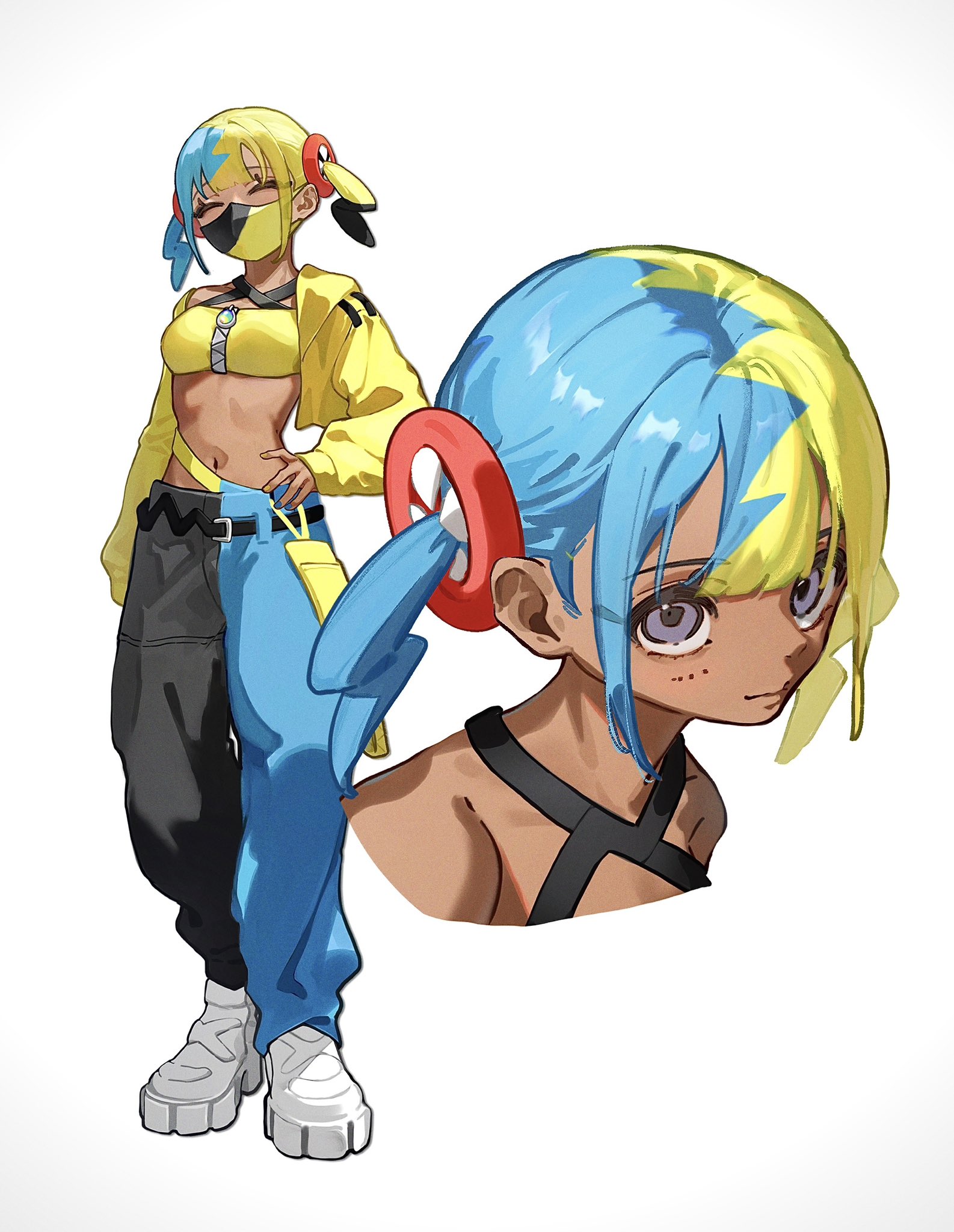 sora no87, canari (pokemon), nintendo, pokemon, pokemon legends: z-a, commentary request, highres, 1girl, aqua hair, bandeau, bare shoulders, black mask, blonde hair, blue eyes, breasts, closed eyes, closed mouth, criss-cross straps, dark-skinned female, dark skin, jacket, long sleeves, mask, mega stone, mouth mask, multicolored hair, navel, pants, short twintails, simple background, split-color hair, sports bra, twintails, two-tone hair, two-tone mask, two-tone pants, yellow bandeau, yellow jacket, yellow mask, yellow sports bra