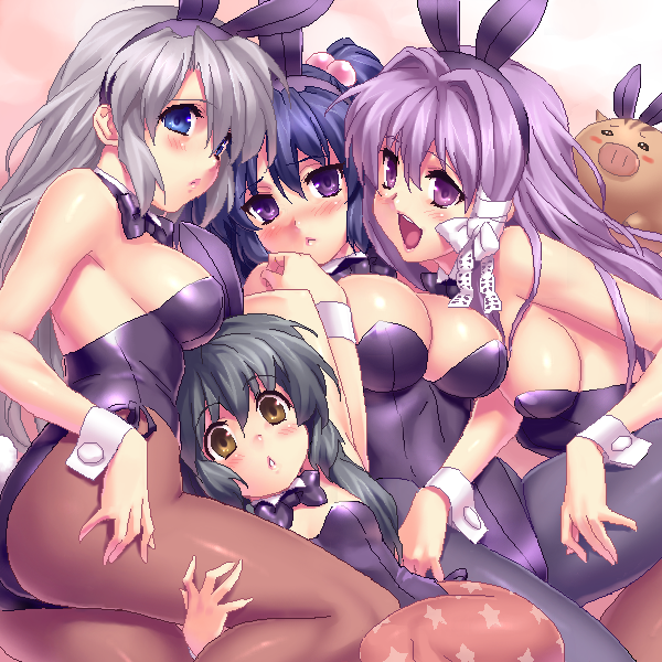 zen, botan (clannad), fujibayashi kyou, ibuki fuuko, ichinose kotomi, sakagami tomoyo, clannad, silver hair, 00s, 4girls, animal ears, ass, black hair, blue eyes, blue hair, breasts, brown eyes, fake animal ears, large breasts, long hair, multiple girls, pantyhose, playboy bunny, purple eyes, purple hair, rabbit ears, white wrist cuffs, wrist cuffs