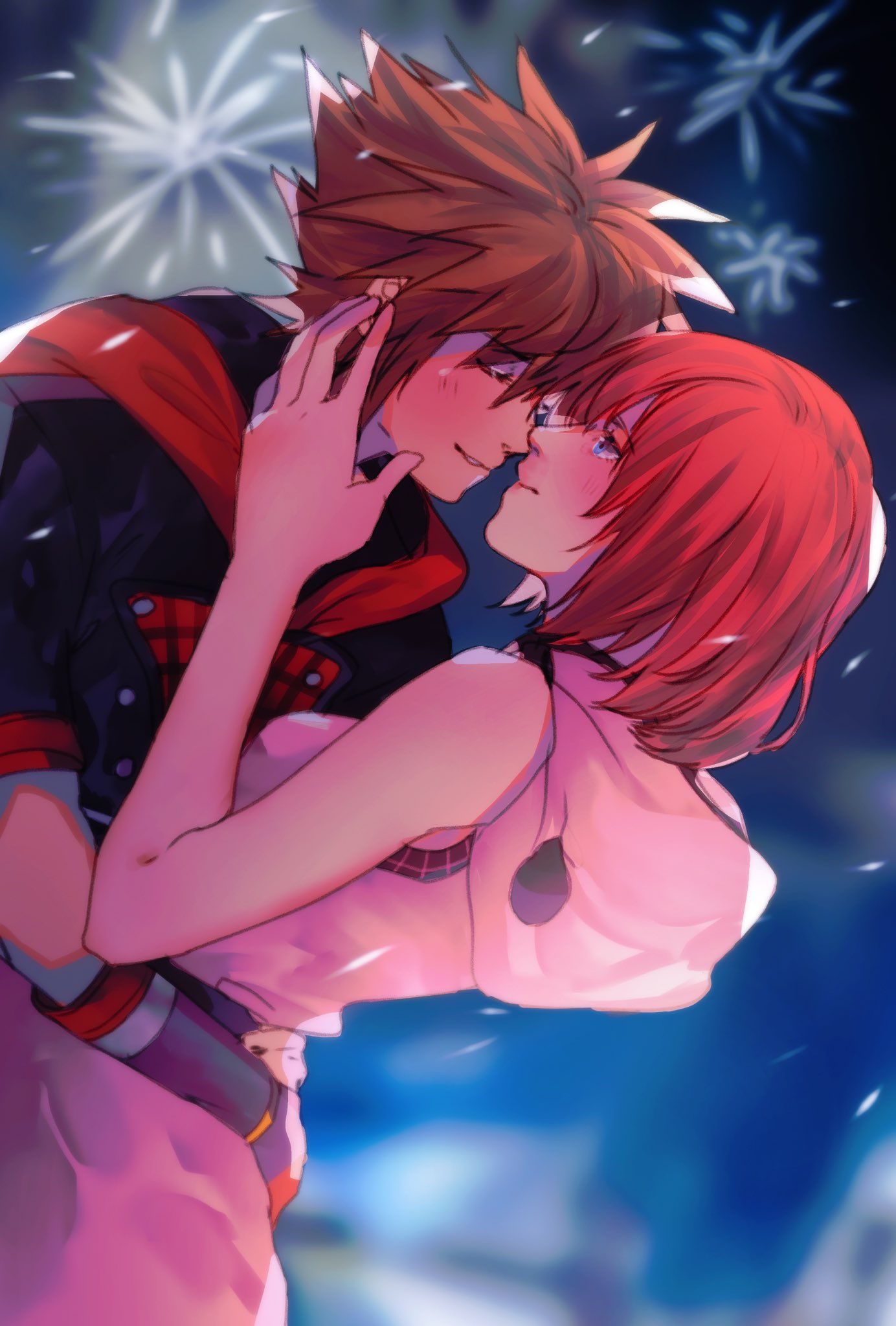 sera (serappi), kairi (kingdom hearts), sora (kingdom hearts), kingdom hearts, kingdom hearts iii, commentary, highres, symbol-only commentary, 1boy, 1girl, blue eyes, breasts, brown hair, closed eyes, dress, fireworks, hetero, hood, hooded dress, hooded jacket, jacket, medium breasts, medium hair, noses touching, pink dress, red hair, short-sleeved jacket, short sleeves, smile
