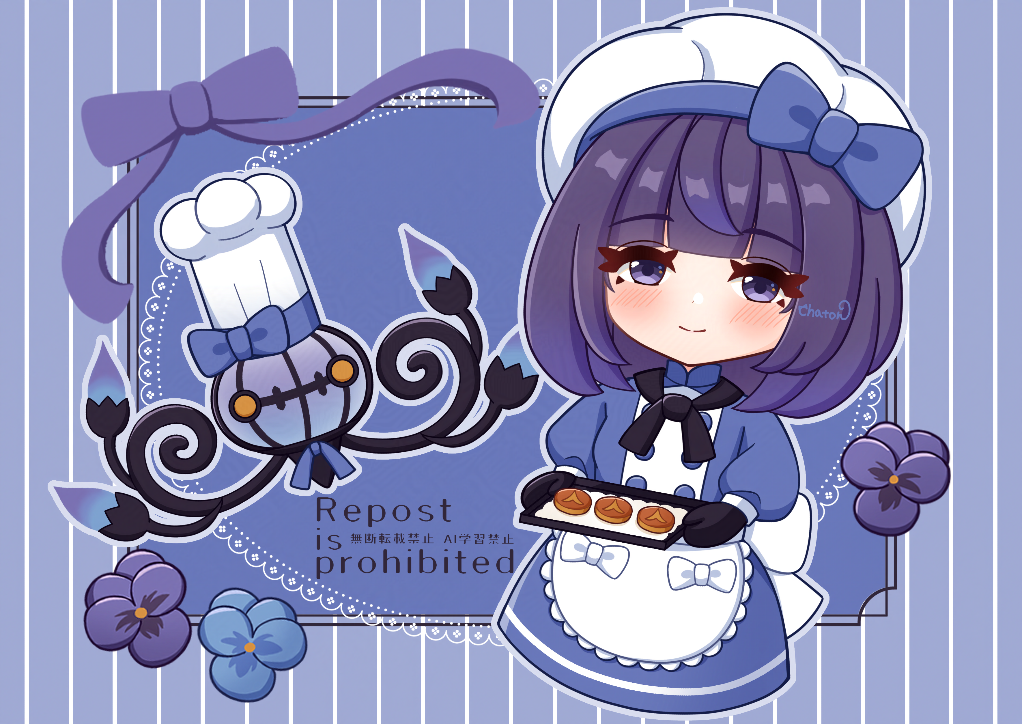 chaton (chatoncerisier), chandelure, gwynn (pokemon), nintendo, pokemon, pokemon legends: z-a, absurdres, commentary request, highres, 1girl, alternate costume, apron, baking sheet, black hair, black mittens, blue dress, blush, bow, chibi, chibi only, closed mouth, dress, flower, food, gen 5 pokemon, happy, hat, long sleeves, lumiose galette, mittens, oven mitts, pokemon (creature), puffy sleeves, smile, waist apron, white apron, white bow, white hat