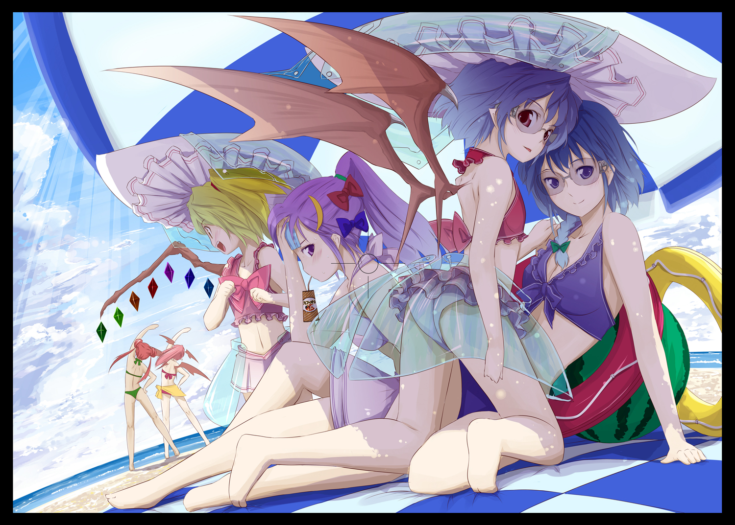 gustav (telomere na), flandre scarlet, hong meiling, izayoi sakuya, koakuma, patchouli knowledge, remilia scarlet, embodiment of scarlet devil, touhou, 6+girls, :d, alternate hairstyle, ass, bad anatomy, bad feet, bad hands, barefoot, bat wings, beach, beach umbrella, bikini, blonde hair, blue eyes, blue hair, breasts, cleavage, day, double bun, fang, feet, female focus, food, front-tie top, fruit, head wings, long hair, medium breasts, mouth hold, multiple girls, open mouth, outdoors, ponytail, poorly drawn, popsicle, purple eyes, purple hair, red eyes, red hair, see-through clothes, short hair, small breasts, smile, stretching, sunglasses, swimsuit, towel, twintails, umbrella, watermelon, wings