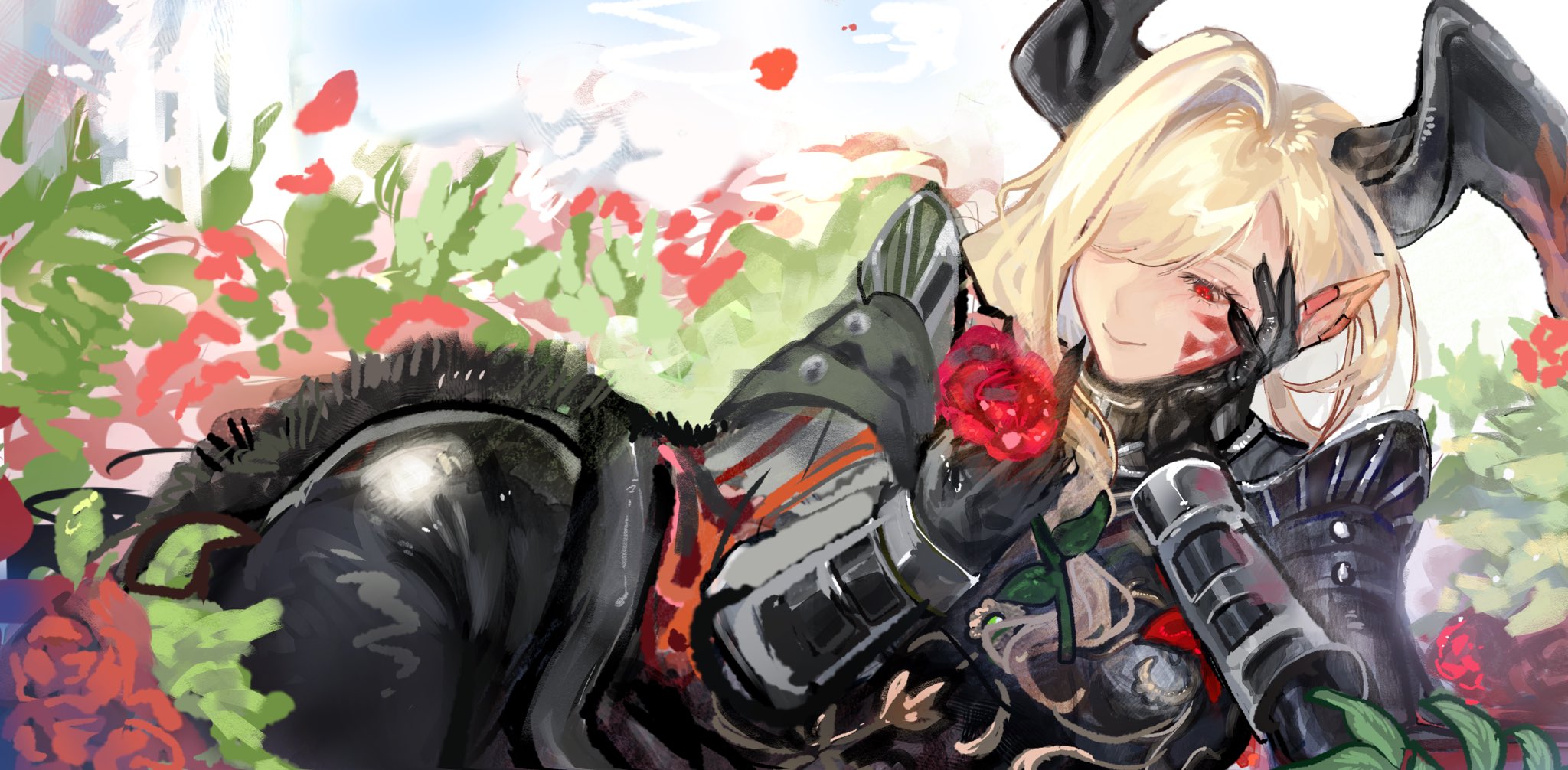 resenri, nero claudius (fate), queen draco (fate), fate/grand order, fate (series), commentary, english commentary, highres, 1girl, armor, black armor, blonde hair, closed mouth, dragon horns, flower, hair over one eye, holding, holding flower, horns, long hair, looking at object, pointy ears, red eyes, red flower, red rose, rose, smile, solo