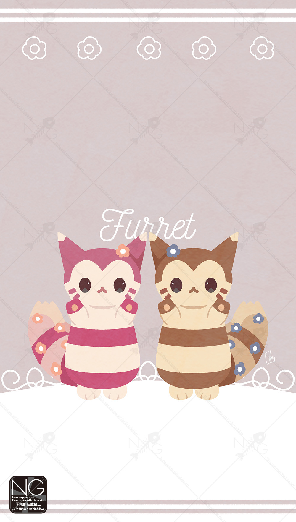 meme (sleepsheep), furret, nintendo, pokemon, commentary, highres, symbol-only commentary, alternate color, animal focus, brown fur, flower, gen 2 pokemon, looking at viewer, no humans, pink fur, pokemon (creature), pokemon focus, shiny pokemon, tail