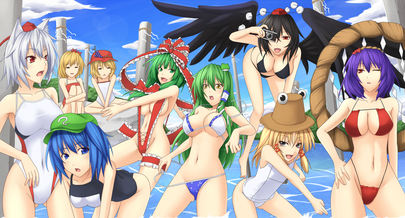 akitsuki karasu, aki minoriko, aki shizuha, inubashiri momiji, kagiyama hina, kawashiro nitori, kochiya sanae, moriya suwako, shameimaru aya, yasaka kanako, mountain of faith, touhou, 6+girls, animal ears, bikini, black eyes, black hair, black wings, blonde hair, blue eyes, blue hair, breasts, camera, cleavage, closed eyes, day, female focus, flat chest, food, fruit, grapes, green hair, grey hair, hair ribbon, hat, hugging own legs, large breasts, leaf, leaf on head, long hair, multiple girls, object on head, onbashira, one-piece swimsuit, one eye closed, open mouth, purple hair, red eyes, ribbon, rope, shimenawa, short hair, slingshot swimsuit, smile, swimsuit, two side up, wardrobe malfunction, white hair, wings, wink, wolf ears, yellow eyes