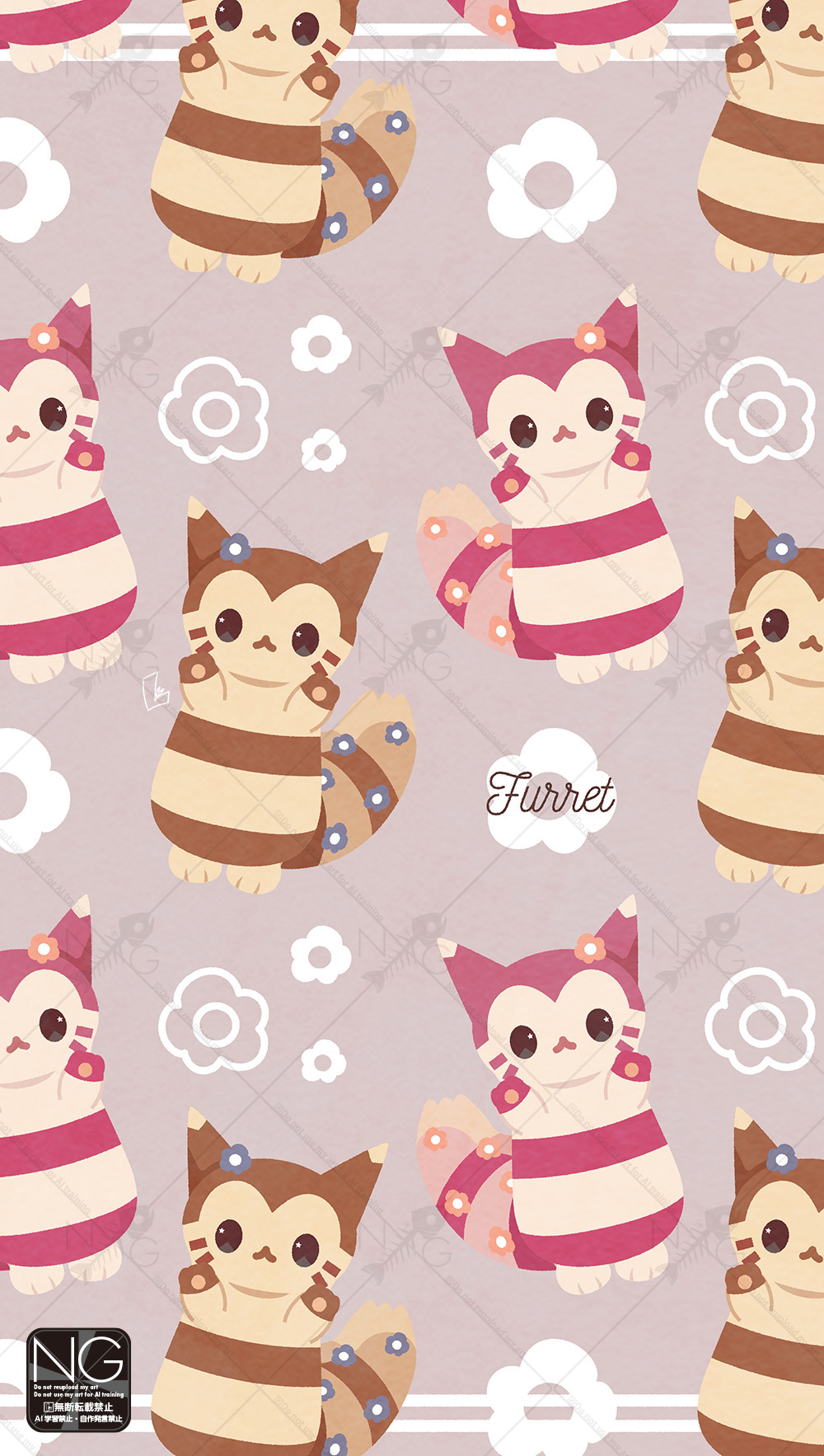 meme (sleepsheep), furret, nintendo, pokemon, commentary, highres, symbol-only commentary, alternate color, animal focus, brown fur, flower, gen 2 pokemon, looking at viewer, no humans, pink fur, pokemon (creature), pokemon focus, shiny pokemon, tail
