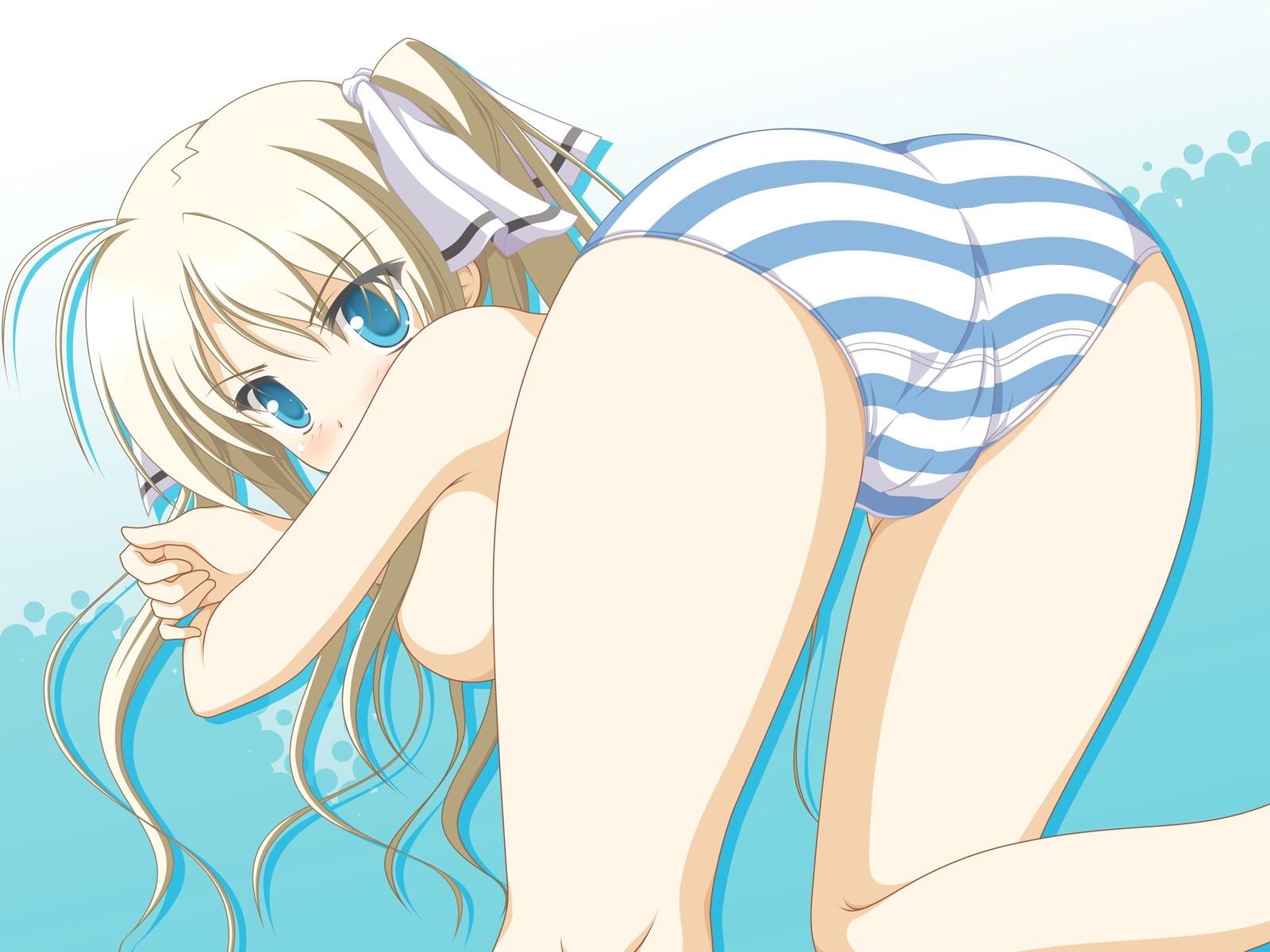 kakesu, hisakaki komomo, hoshizora no memoria, highres, 1girl, ass, ass focus, blonde hair, blue eyes, blue theme, blush, female focus, looking back, panties, solo, striped clothes, striped panties, underwear