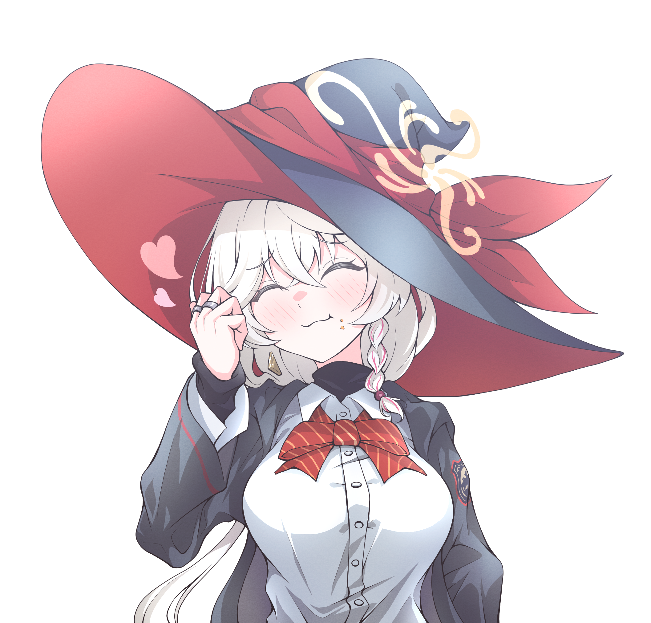 kakuhitsu no kosoado vx, eri (blue archive), blue archive, commentary request, highres, 1girl, blush, braid, breasts, chewing, closed eyes, closed mouth, collared shirt, eating, food, food on face, hair between eyes, halo, hat, heart, jewelry, large breasts, long hair, long sleeves, red trim, ring, shirt, side braid, simple background, smile, tilted halo, upper body, very long hair, white background, white shirt, wide sleeves, witch hat, yellow halo