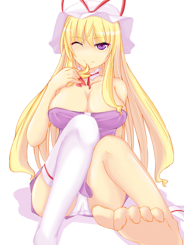 dean (momodean), yakumo yukari, touhou, bad id, bad pixiv id, 1girl, asymmetrical clothes, bad anatomy, bad feet, barefoot, blonde hair, breasts, cleavage, collar, dress, feet, female focus, foot focus, foreshortening, hat, large breasts, long hair, one eye closed, panties, pantyshot, poorly drawn, purple eyes, ruffling hair, single thighhigh, sitting, smile, soles, solo, thighhighs, toes, underwear, wink, zettai ryouiki