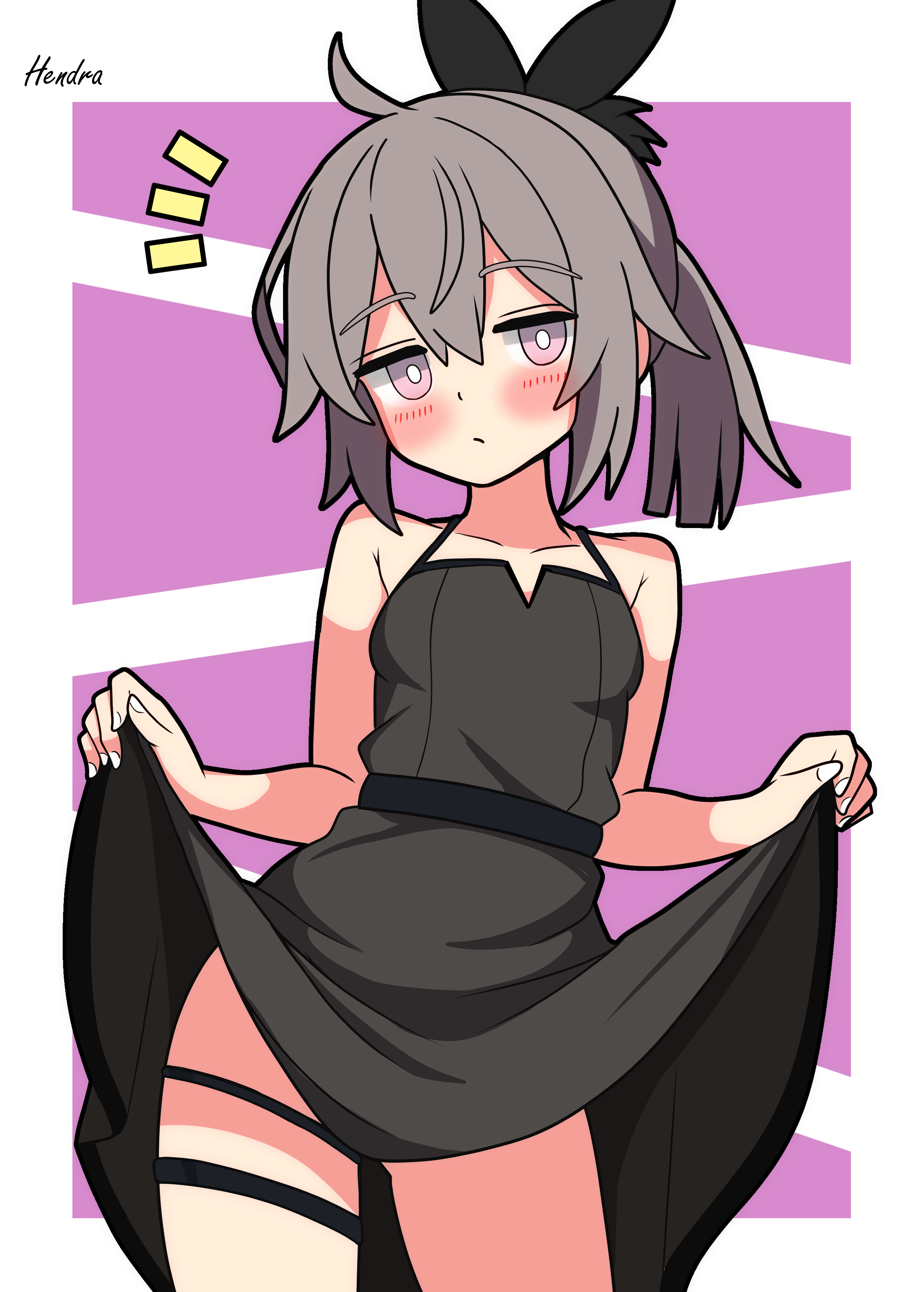 hendra, m200 (girls' frontline), girls' frontline, absurdres, commentary, english commentary, highres, 1girl, black dress, blush, breasts, clothes lift, dress, dress lift, grey hair, notice lines, small breasts, solo, thigh strap