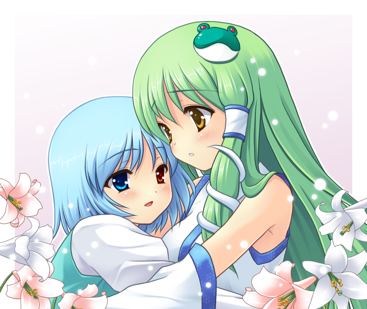 yamasan, kochiya sanae, tatara kogasa, touhou, 2girls, blue eyes, blue hair, blush, couple, detached sleeves, female focus, flower, green hair, hair ornament, heterochromia, hug, lily (flower), long hair, multiple girls, red eyes, short hair, yellow eyes, yuri
