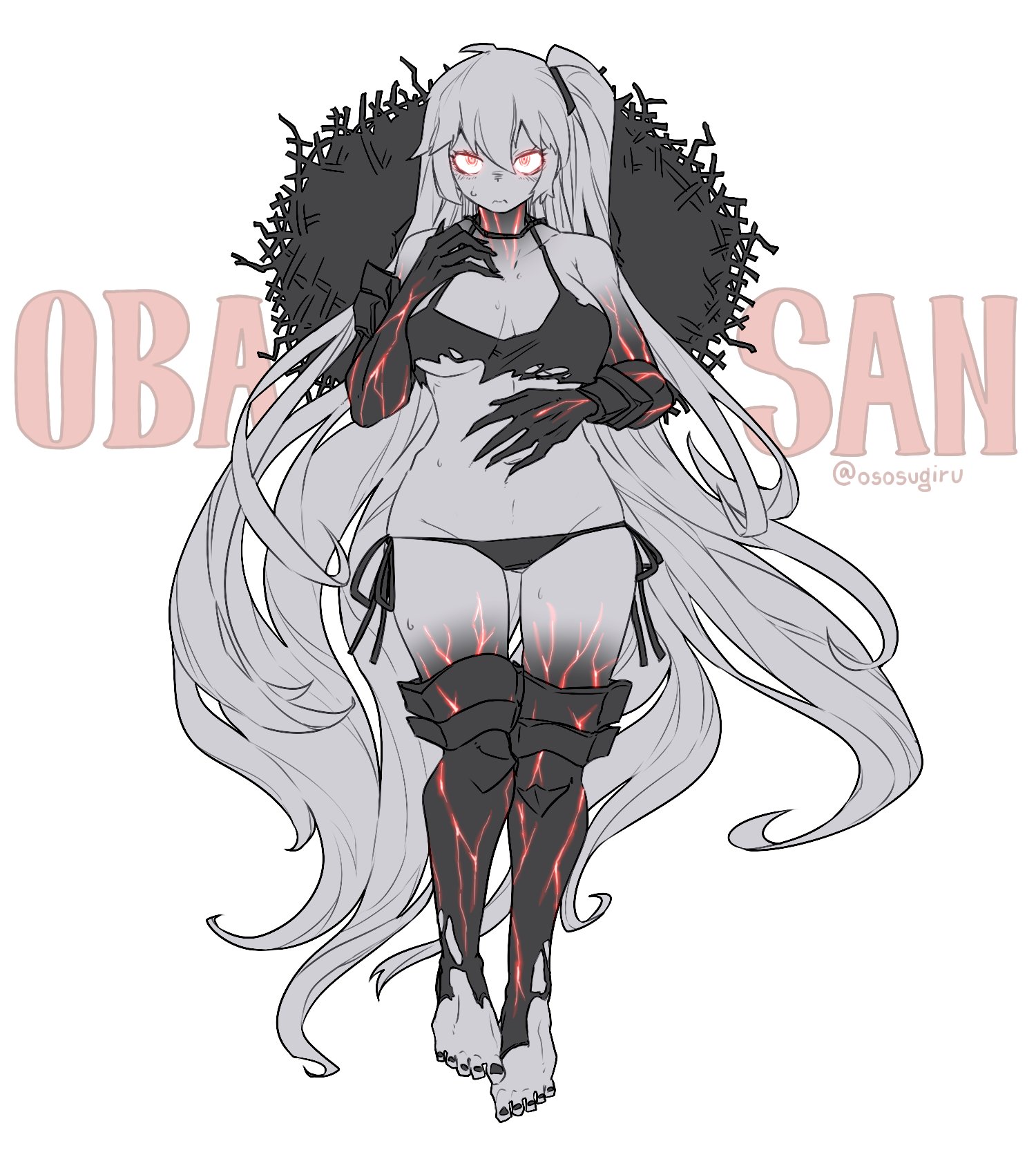 oso (toolate), aircraft carrier princess, aircraft carrier summer princess, kantai collection, commentary request, highres, revision, 1girl, abyssal ship, armor, bikini, black bikini, black nails, breasts, closed mouth, colored skin, full body, glowing, glowing eyes, grey skin, hair between eyes, hat, hat on back, large breasts, long hair, looking at viewer, multicolored skin, nail polish, one side up, romaji text, side-tie bikini bottom, solo, straw hat, sweat, swimsuit, toenail polish, toenails, torn bikini, torn clothes, very long hair