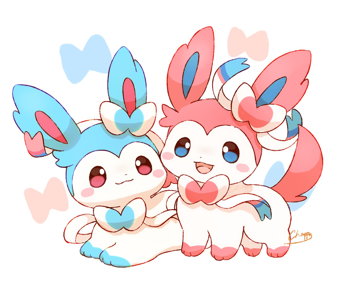 mimix, sylveon, nintendo, pokemon, commentary request, alternate color, animal focus, blue eyes, blue fur, blush, bow, closed mouth, full body, gen 6 pokemon, no humans, open mouth, pink fur, pokemon (creature), pokemon focus, red eyes, ribbon, shiny pokemon, smile, tail, white fur