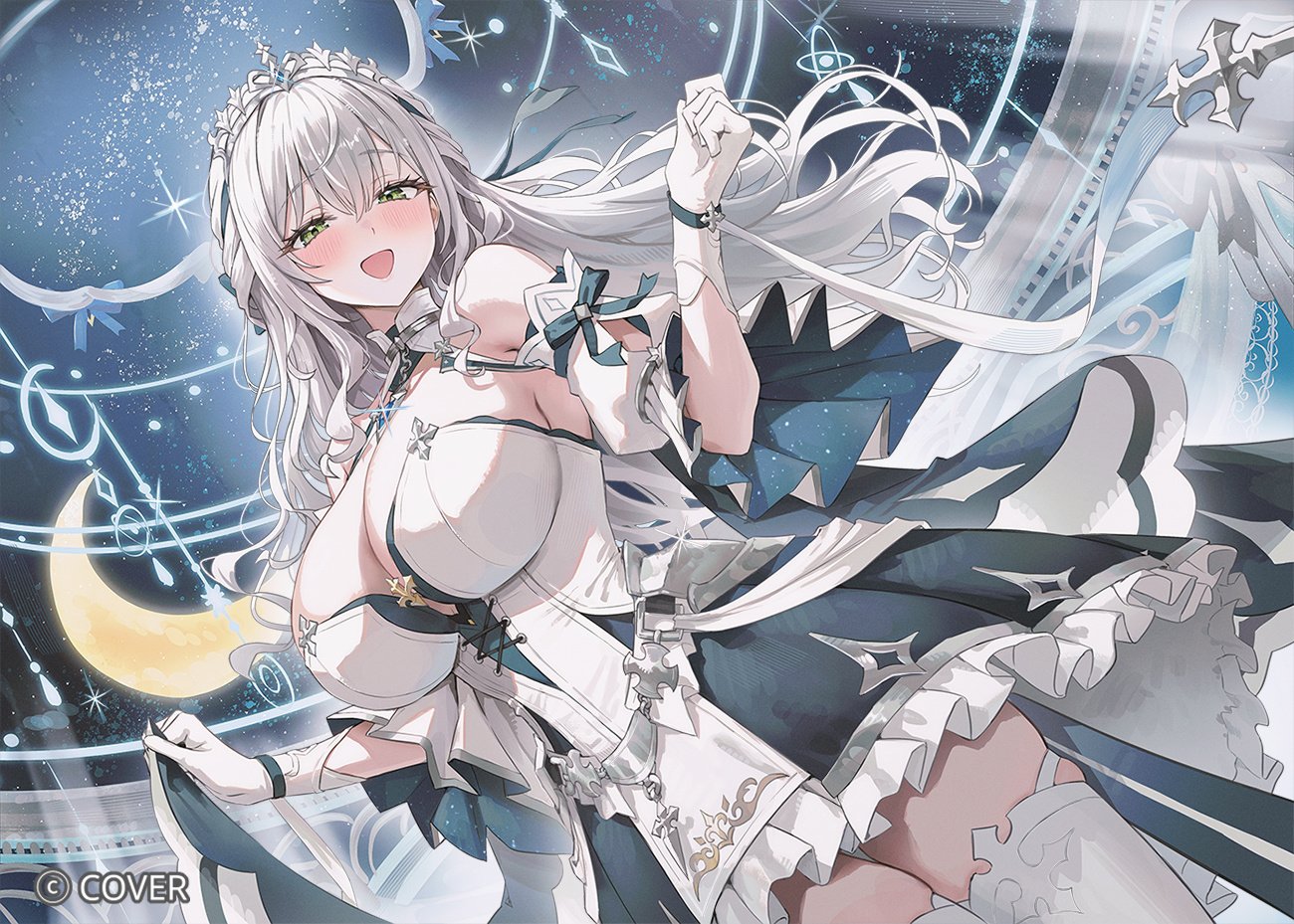 myung yi, shirogane noel, hololive, commentary request, official art, 1girl, blue dress, blush, breasts, cleavage, clothes lift, company name, copyright notice, crescent moon, cross, detached sleeves, dress, dress lift, frilled dress, frills, from below, gloves, green eyes, grey hair, hair between eyes, large breasts, long hair, looking at viewer, moon, official alternate costume, official alternate hairstyle, open mouth, puffy detached sleeves, puffy sleeves, shirogane noel (princess knight), smile, solo, strapless, strapless dress, thighhighs, tiara, two-tone dress, virtual youtuber, white dress, white gloves, white thighhighs, wide sleeves