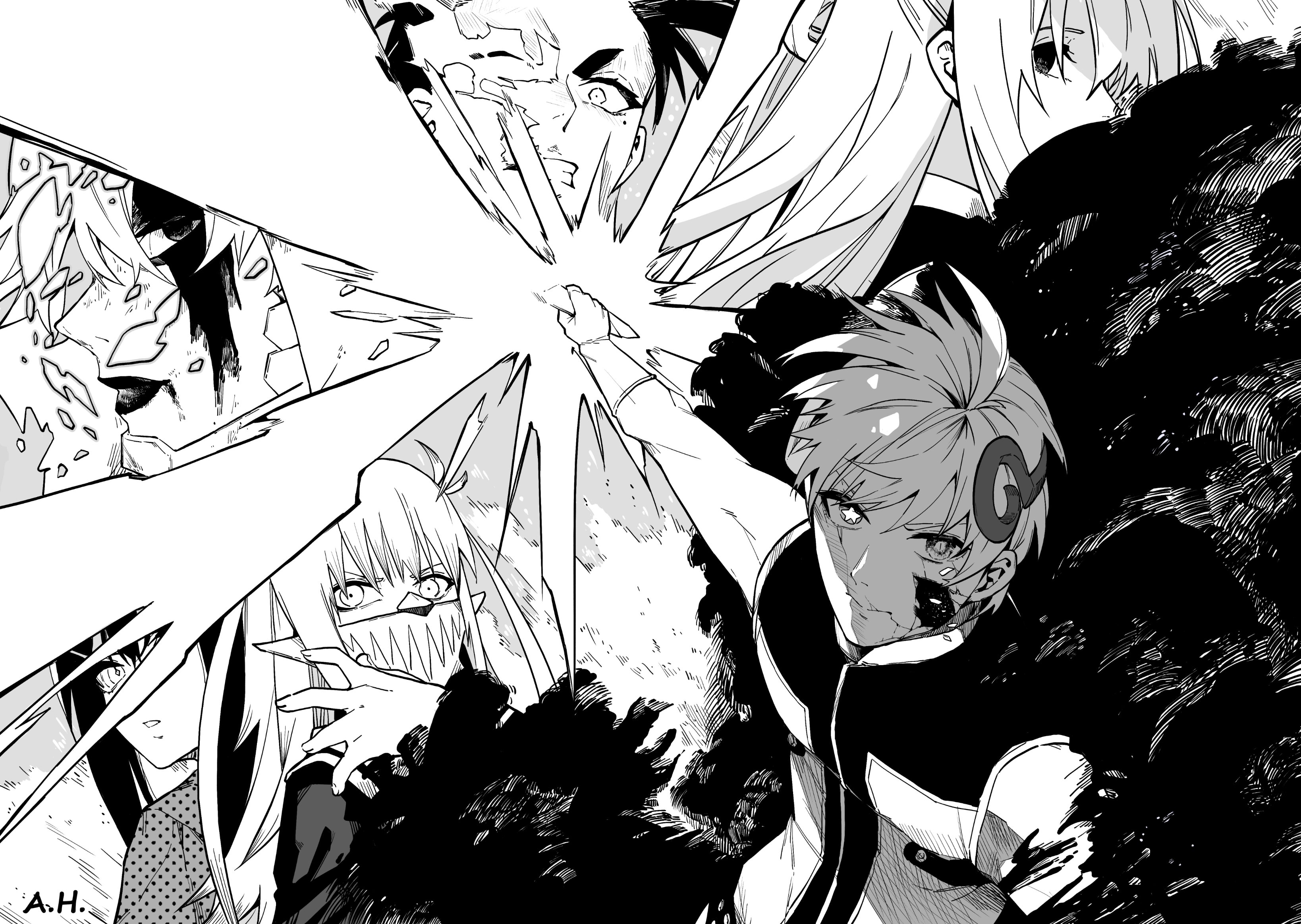 alexander herrington, akabane sousei, chidori (sentai dai shikkaku), hisui kanon, sentouin d, suzukiri yumeko, usukubo angel, windy (sentai daishikkaku), sentai daishikkaku, absurdres, commentary, english commentary, highres, 3boys, 3girls, black hair, blood, blood on face, closed mouth, cracked skin, gloves, greyscale, holding, holding weapon, lipstick, long hair, makeup, monochrome, multiple boys, multiple girls, smoke, weapon, white gloves