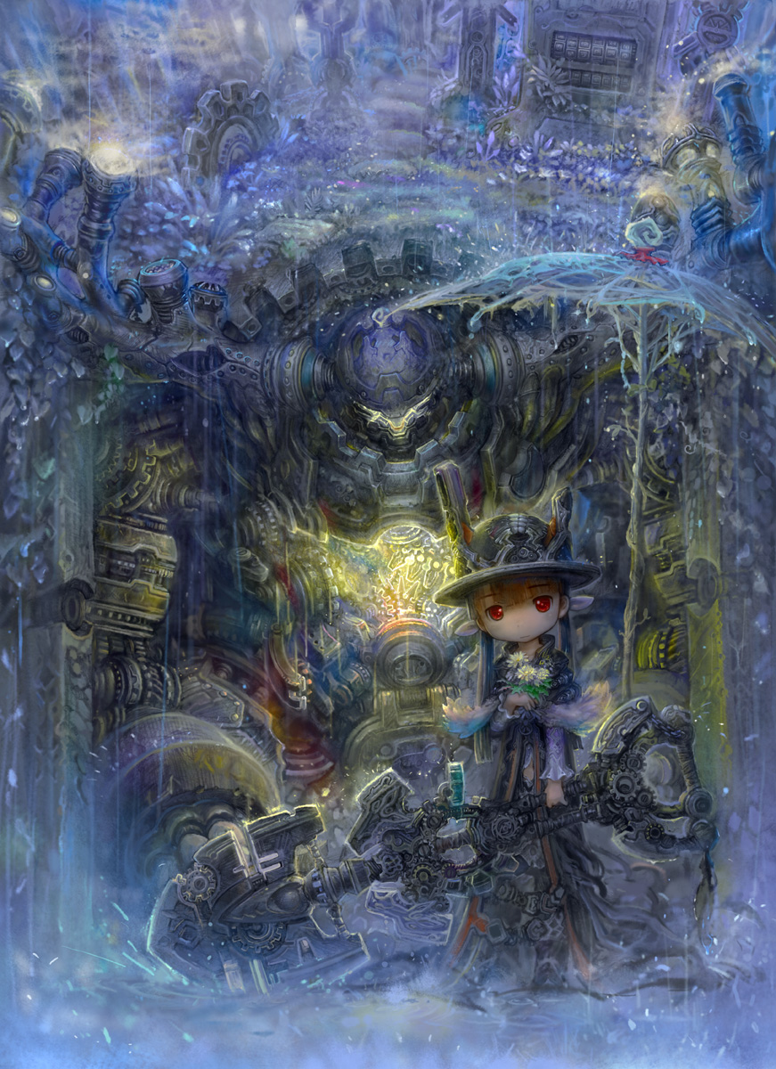 tsukushi akihito, original, blade, light, mechanical, highres, md5 mismatch, resolution mismatch, source larger, 1girl, fantasy, flower, gears, hat, mecha, rain, red eyes, robot, shovel, steampunk, umbrella, worktool