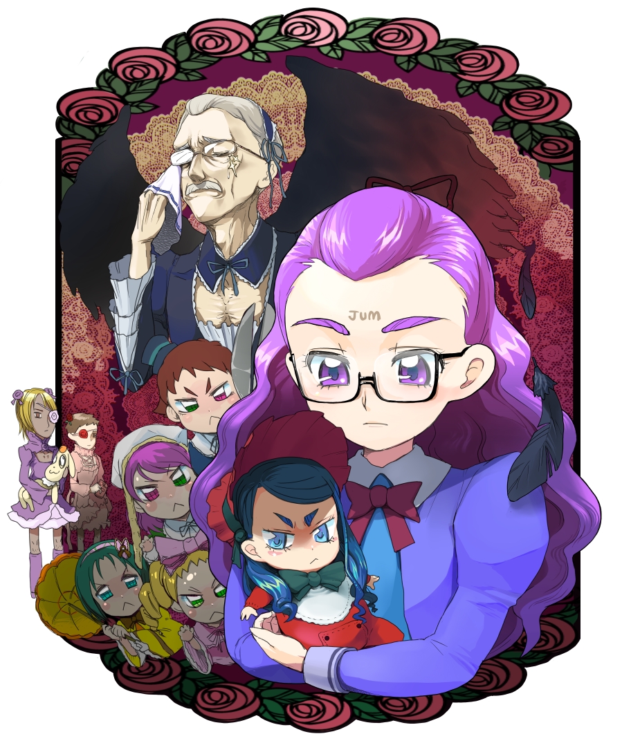 moudoku (decopon3rd), akimoto komachi, amai shirou, barasuishou, coco (precure 5), coco (yes! precure 5), hinaichigo, kanaria, kasugano urara (yes! precure 5), kirakishou, kunkun, milk (yes! precure 5), mimino kurumi, minazuki karen, natsu (yes! precure 5), natsuki rin, natts, nuts (precure 5), nuts (yes! precure 5), sakamoto-san (precure 5), souseiseki, suigintou, suiseiseki, syrup (precure 5), syrup (yes! precure 5), yumehara nozomi, precure, rozen maiden, yes! precure 5, yes! precure 5 gogo!, bad id, bad pixiv id, 3boys, 6+girls, :<, barasuishou (cosplay), black-framed eyewear, blonde hair, cosplay, crossdressing, dress, eyelashes, glasses, hinaichigo (cosplay), kanaria (cosplay), kirakishou (cosplay), multiple boys, multiple girls, parody, purple eyes, purple hair, semi-rimless eyewear, souseiseki (cosplay), suigintou (cosplay), suiseiseki (cosplay), under-rim eyewear