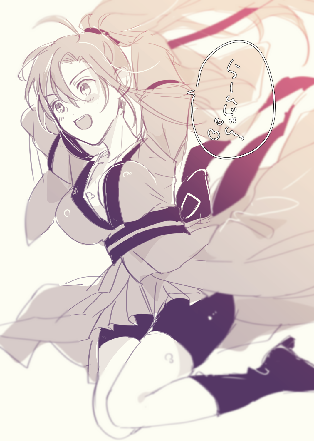 amana raika, wei wuxian, modao zushi, commentary request, highres, 1girl, ahoge, arms up, bike shorts, blush, boots, breasts, chinese clothes, cleavage, genderswap, genderswap (mtf), hair ribbon, hanfu, heart, high heel boots, high heels, jumping, large breasts, long hair, long sleeves, monochrome, open mouth, pleated skirt, ponytail, red ribbon, ribbon, robe, sash, sidelocks, skirt, smile, solo, speech bubble, spot color, wide sleeves