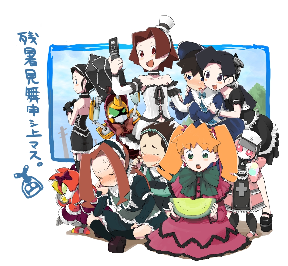 moudoku (decopon3rd), akihabara nae, amazake arika, iwanoi, junmai karin, karakuchi kouji, kikuhime, metabee, peppercat, saint nurse, tenryou ikki, medarot, natsume, arm grab, hand on head, platform footwear, translation request, 3boys, 4girls, :d, anger vein, angry, arm garter, armpits, arms up, back, bare shoulders, between legs, black hair, black socks, blue eyes, blush, bow, bowtie, brown hair, buttons, capelet, cellphone, choker, closed eyes, cross, crossdressing, detached sleeves, dress, embarrassed, flat chest, food, frilled dress, frills, fruit, garter straps, gothic lolita, green eyes, hair bow, hairband, hand between legs, happy, hat, head rest, head tilt, hug, hug from behind, humanoid robot, indian style, kneehighs, leaning forward, light smile, loafers, lolita fashion, long hair, looking at viewer, looking back, looking down, mary janes, midriff, mini hat, mini top hat, multiple boys, multiple girls, navel, open mouth, orange hair, over shoulder, phone, pink eyes, ponytail, puffy sleeves, red cross, robot, scrunchie, shadow, shoes, short hair, sidelocks, sitting, sky, smile, socks, spiked hair, standing, tears, thighhighs, top hat, trap, tree, twintails, twirling hair, umbrella, utility pole, watermelon, wrist cuffs