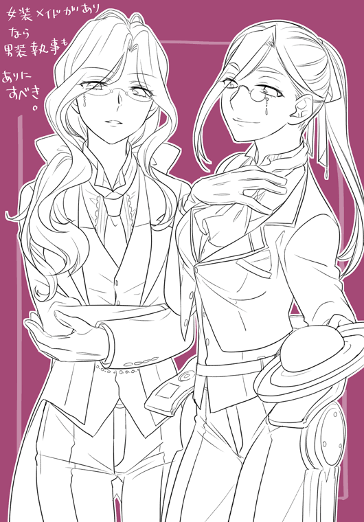 ikuhashi muiko, irei mizuka, senomiya misaki, robotics;notes, science adventure, clothing request, commentary request, 2girls, alternate costume, ascot, breasts, coat, crossdressing, crossdressing (ftm), earrings, exoskeleton, formal clothes, glasses, jacket, jewelry, long sleeves, looking at viewer, medium breasts, monochrome, multiple girls, necktie, pants, ponytail, prosthesis, round eyewear, simple background, smile, suit, vest, wavy hair